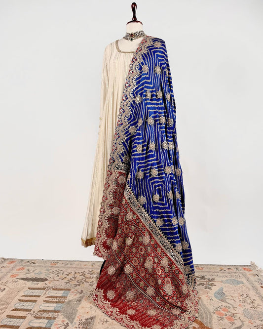 BLUE AJRAKH BANDHANI DUPATTA IN MARODI & GOTAPATTI EMBROIDERY