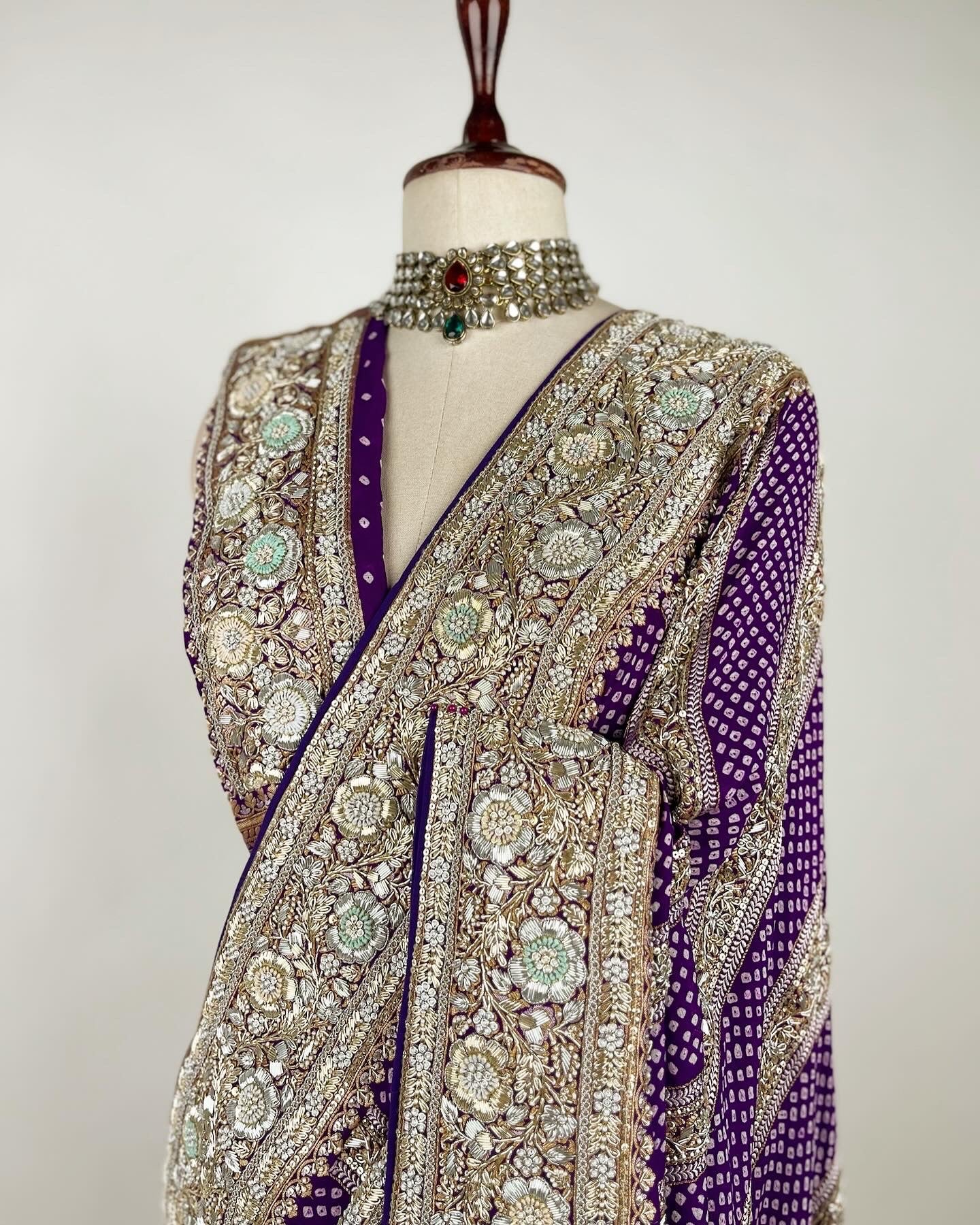 PURPLE RAI BANDHEJ SAREE WITH INTRICATE ZARDOSI DETAILING