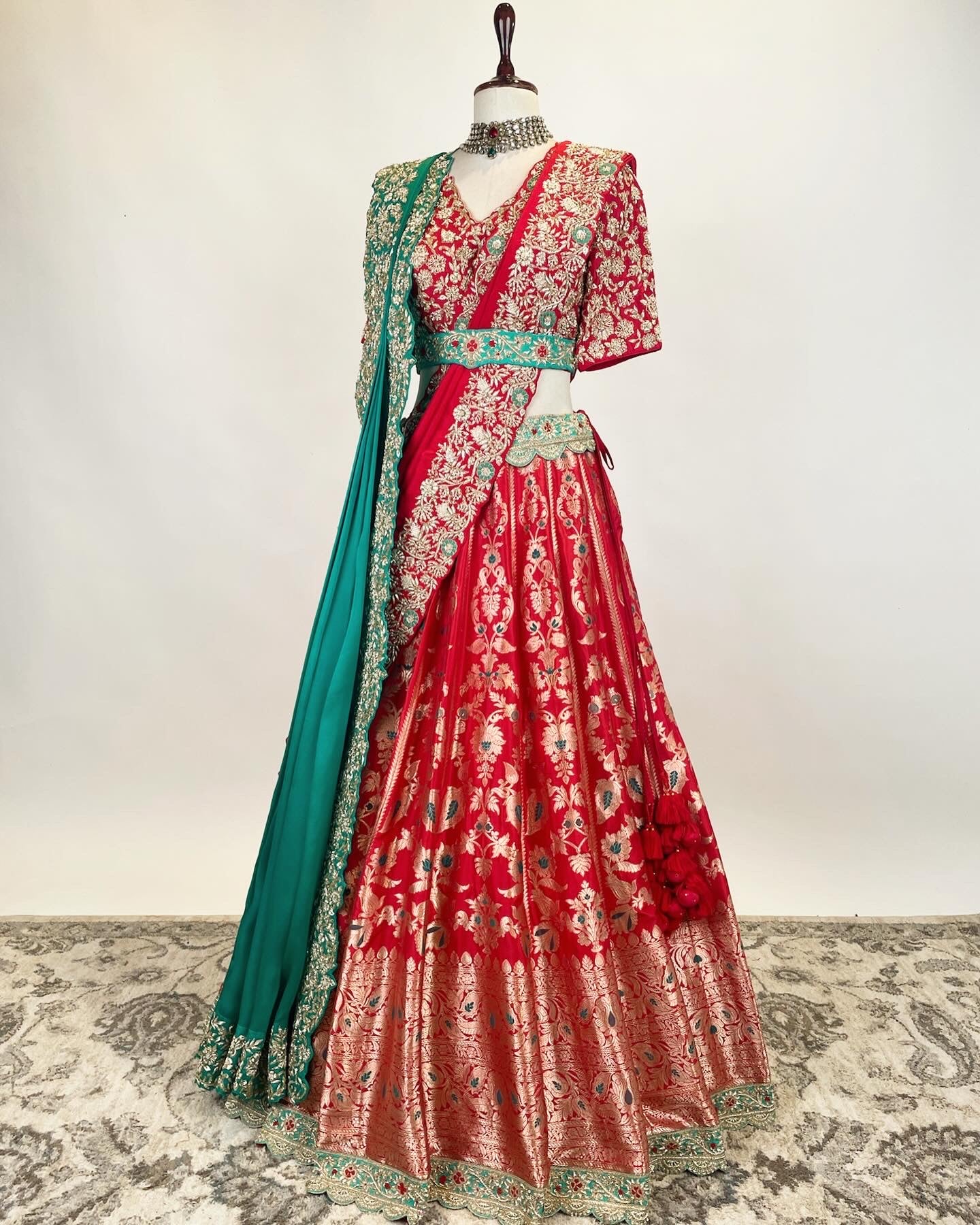 Kadwa Benarasi Lehenga in Zardosi with double drape dupatta and belt