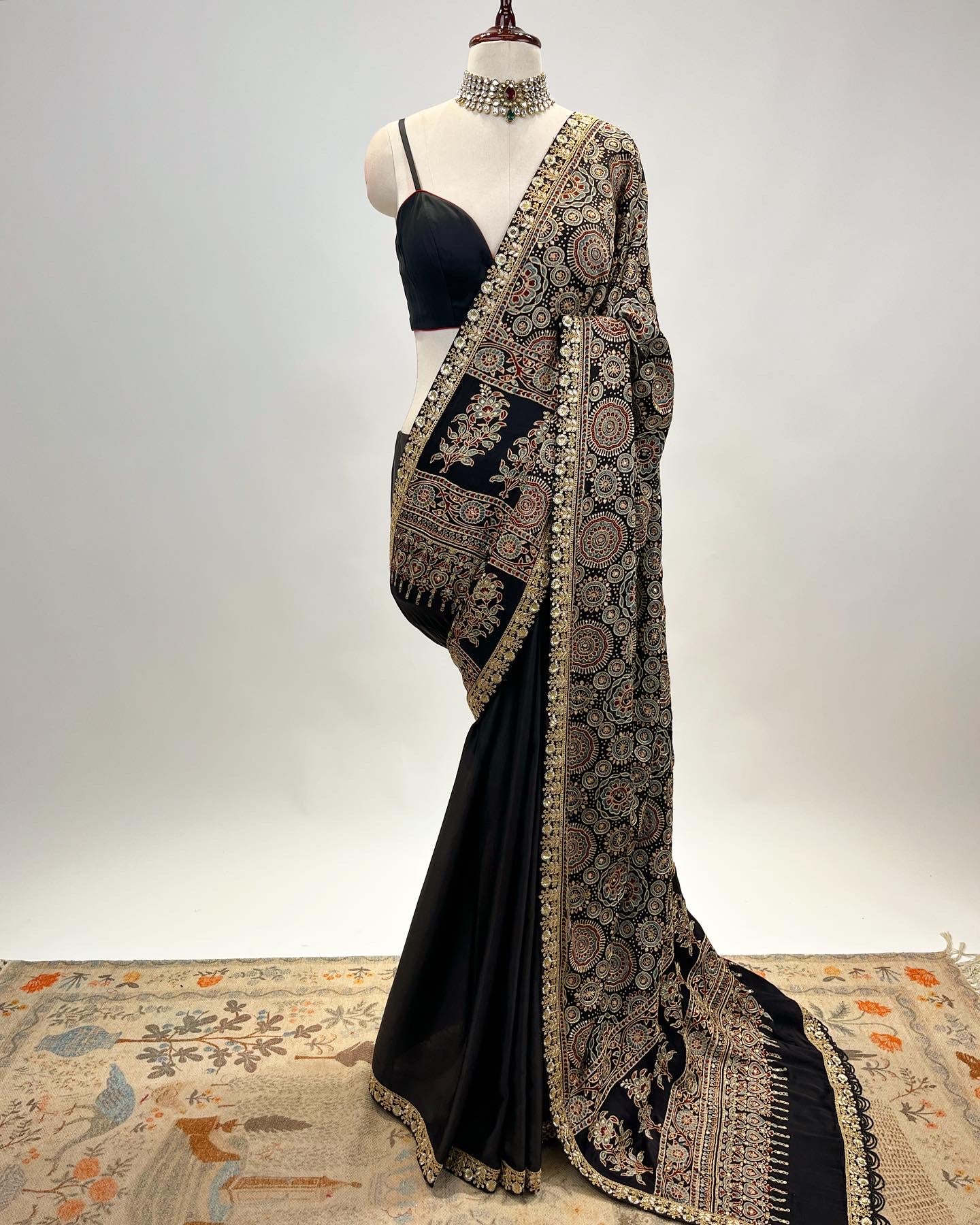 BLACK AJRAKH EMBROIDERED SAREE