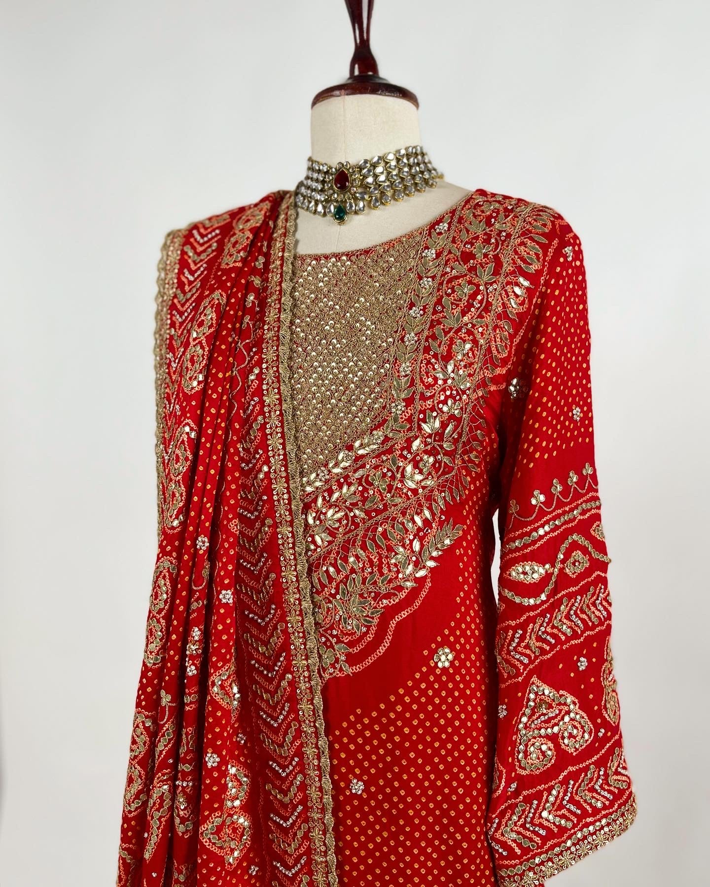 RED RAI BANDHEJ AABHA KURTA ENSEMBLE IN MARODI & GOTAPATTI WORK