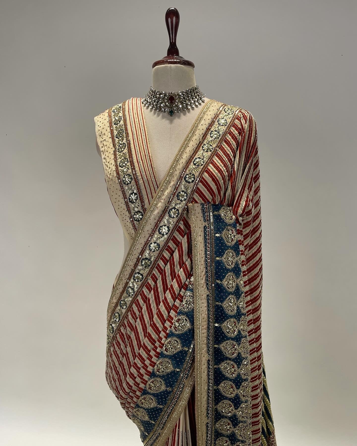 Ajrakh Saree with A Contemporary Geometrical Pattern in Zardosi