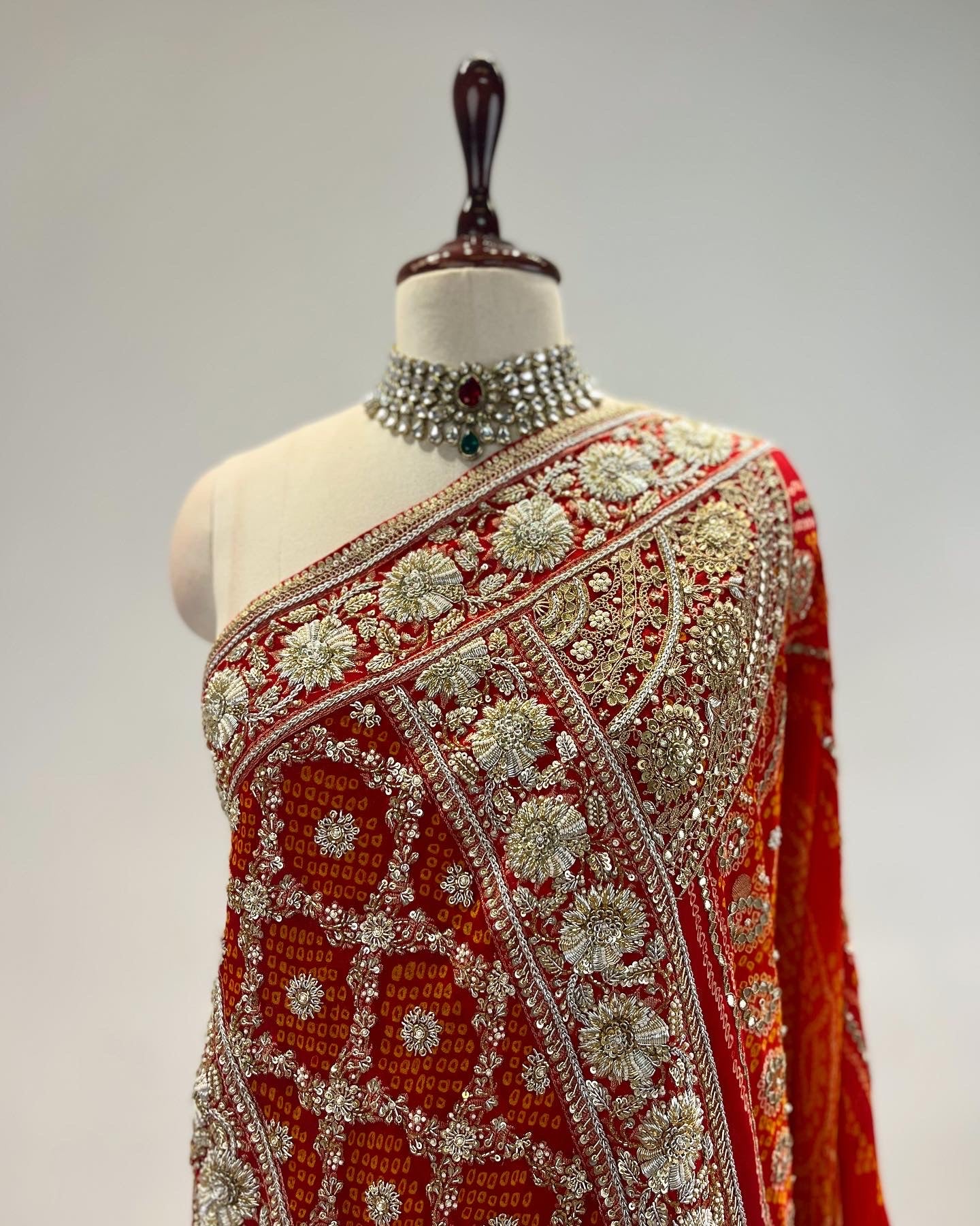 ORANGE & RED RAI BANDHEJ ODHNA WITH ZARDOSI WORK