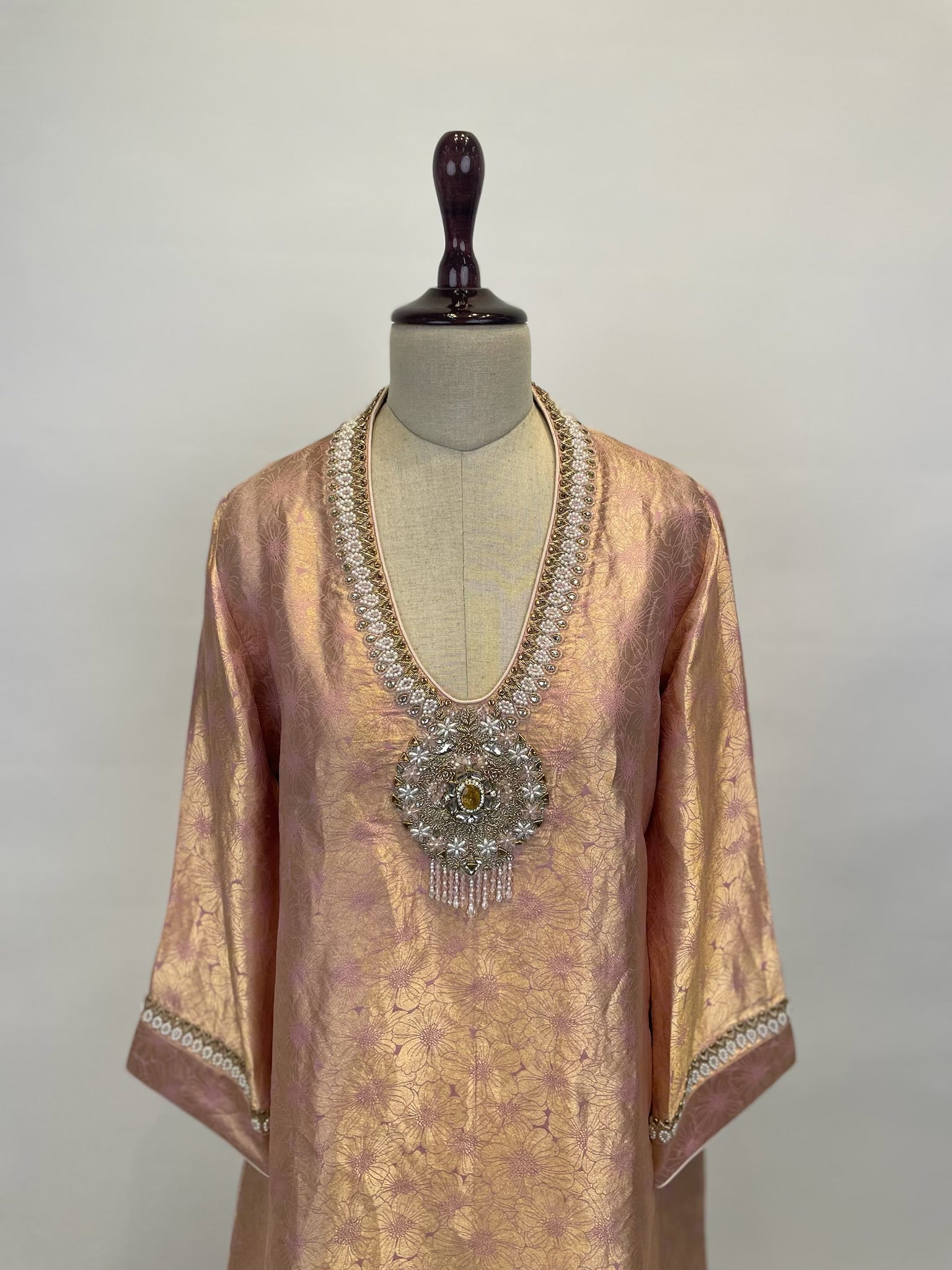 Rose Gold Banarasi Brocade Kurta Set With Handcrafted Crystal Embellishment