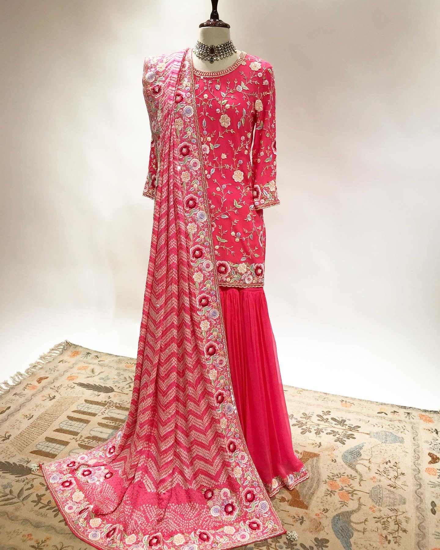 PARSI GARA SHARARA WITH BANDHEJ DUPATTA IN FINE PEARLS, BEADS & GARA BORDER