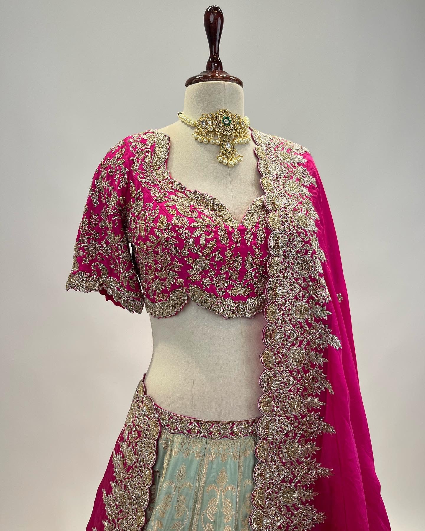 PASTEL TIFFANY BLUE BANARASI KADWA MEENA LEHENGA WITH MAGENTA DUPATTA & ZARDOSI WORK