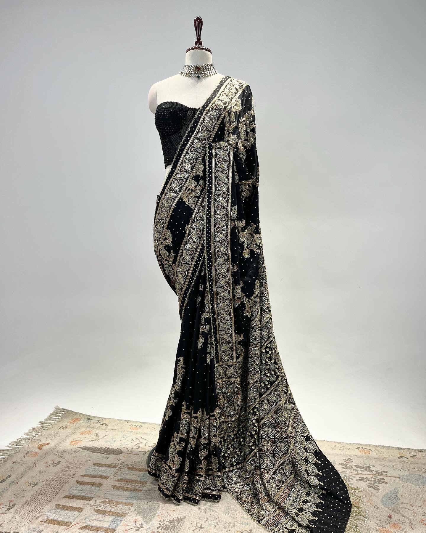 PATTERNED AJRAKH SAREE IN ZARDOSI & SEQUIN WORK