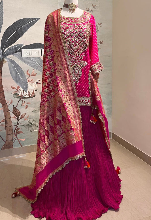 MAGENTA PINK SHORT KURTA WITH CRUSHED SILK LEHENGA