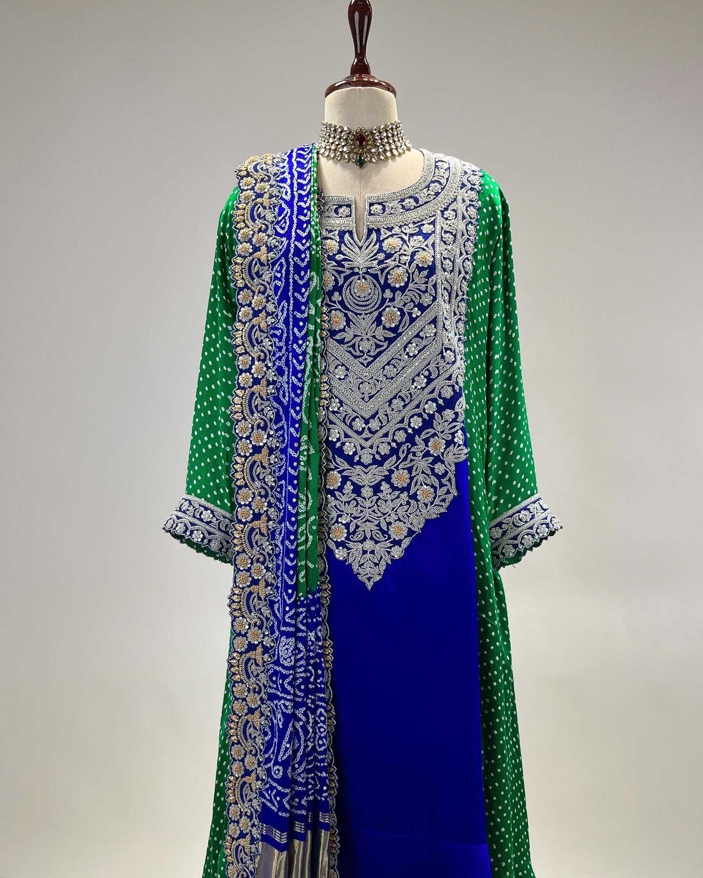 ROYAL BLUE & EMERALD GREEN AABHA ENSEMBLE IN SILVER MARODI & BANDHEJ WORK