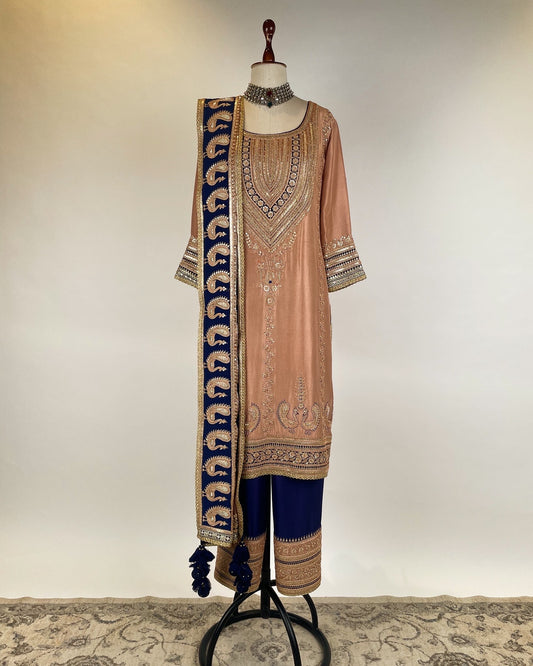 DEEP PEACH AND NAVY KURTA SET EMBELLISHED WITH BRASS MARODI EMBROIDERY