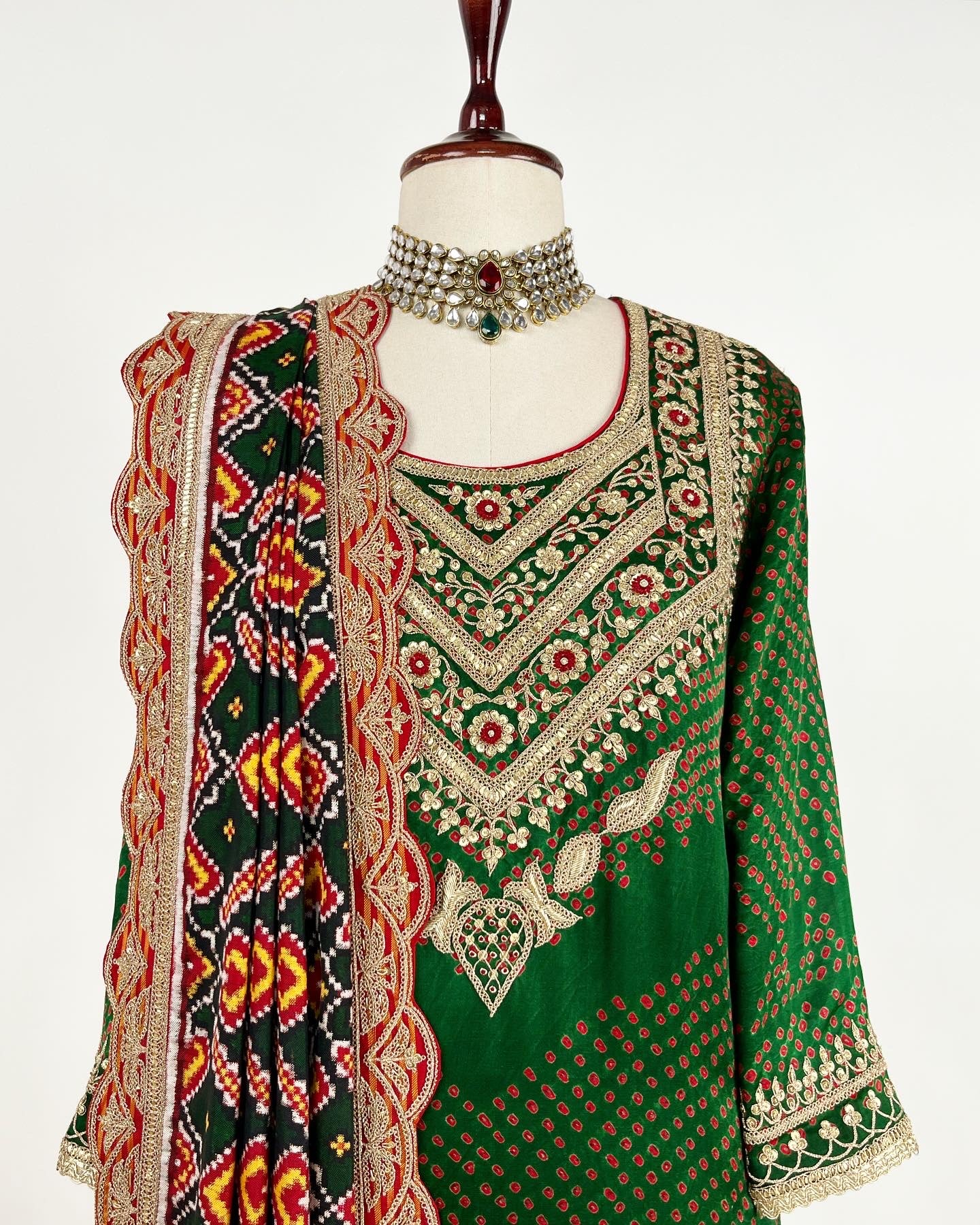 AABHA ENSEMBLE IN MARODI WITH DOUBLE IKAT PATAN PATOLA DUPATTA & EMBROIDERED IJHAR