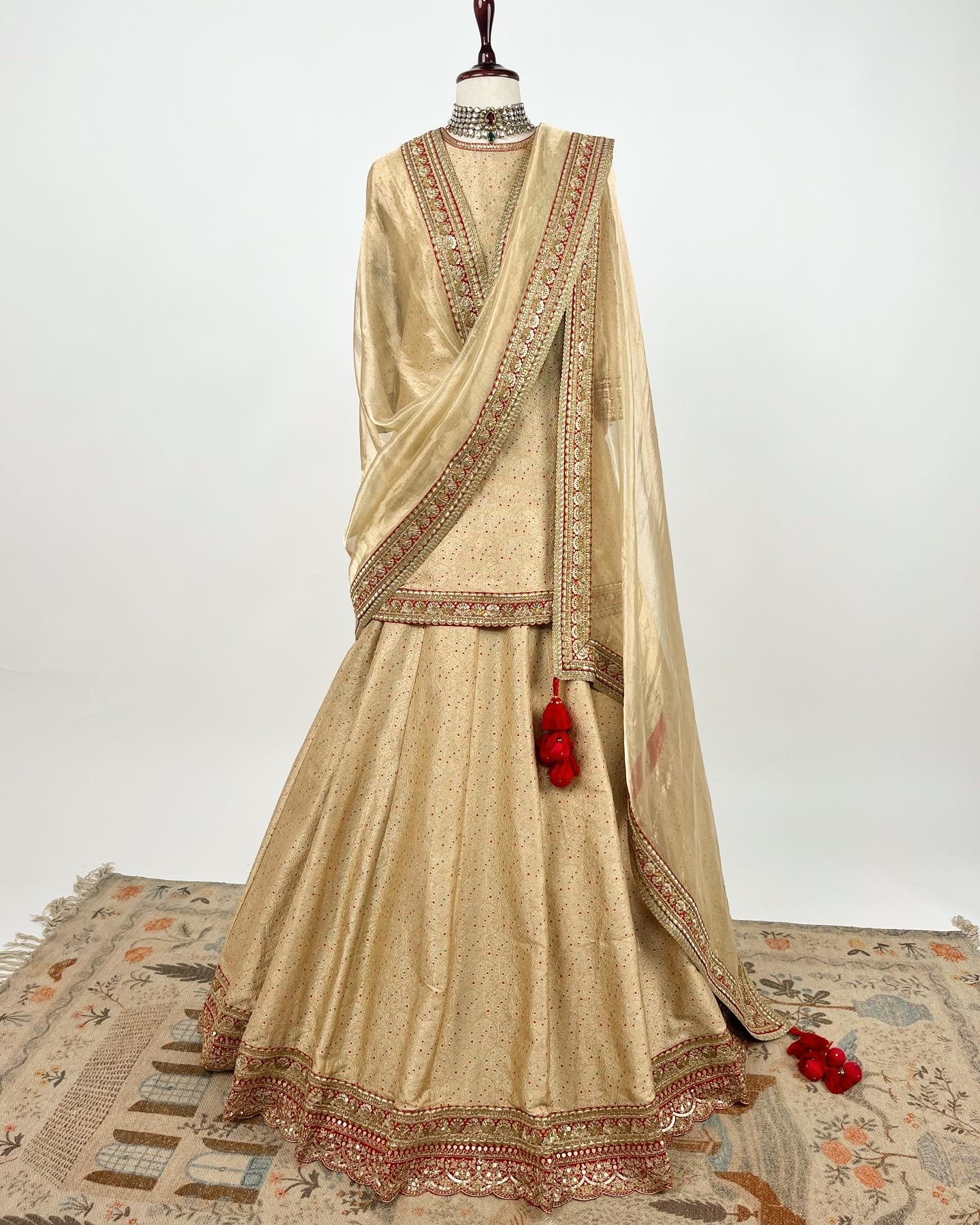 MEENAKARI BROCADE LEHENGA PAIRED WITH BROCADE SHORT KURTA & HANDLOOM TISSUE ORGANZA DUPATTA