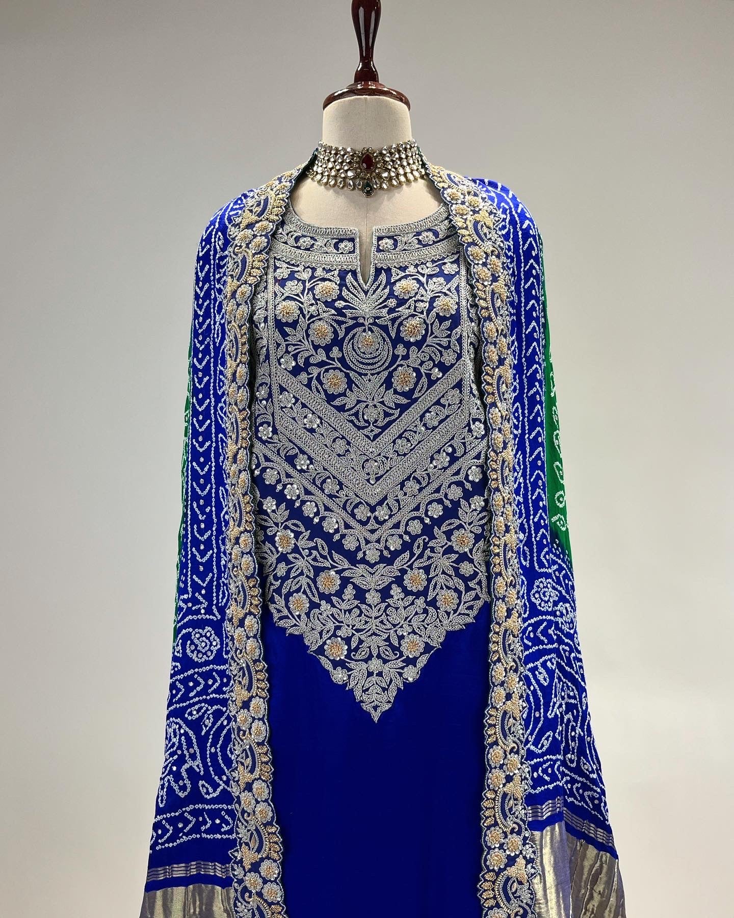 ROYAL BLUE & EMERALD GREEN AABHA ENSEMBLE IN SILVER MARODI & BANDHEJ WORK