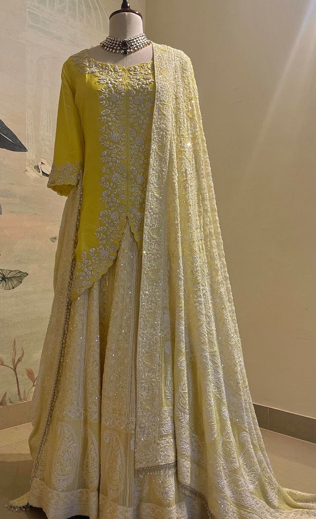 LIME YELLOW CHIKANKARI LEHENGA WITH SHORT KURTA