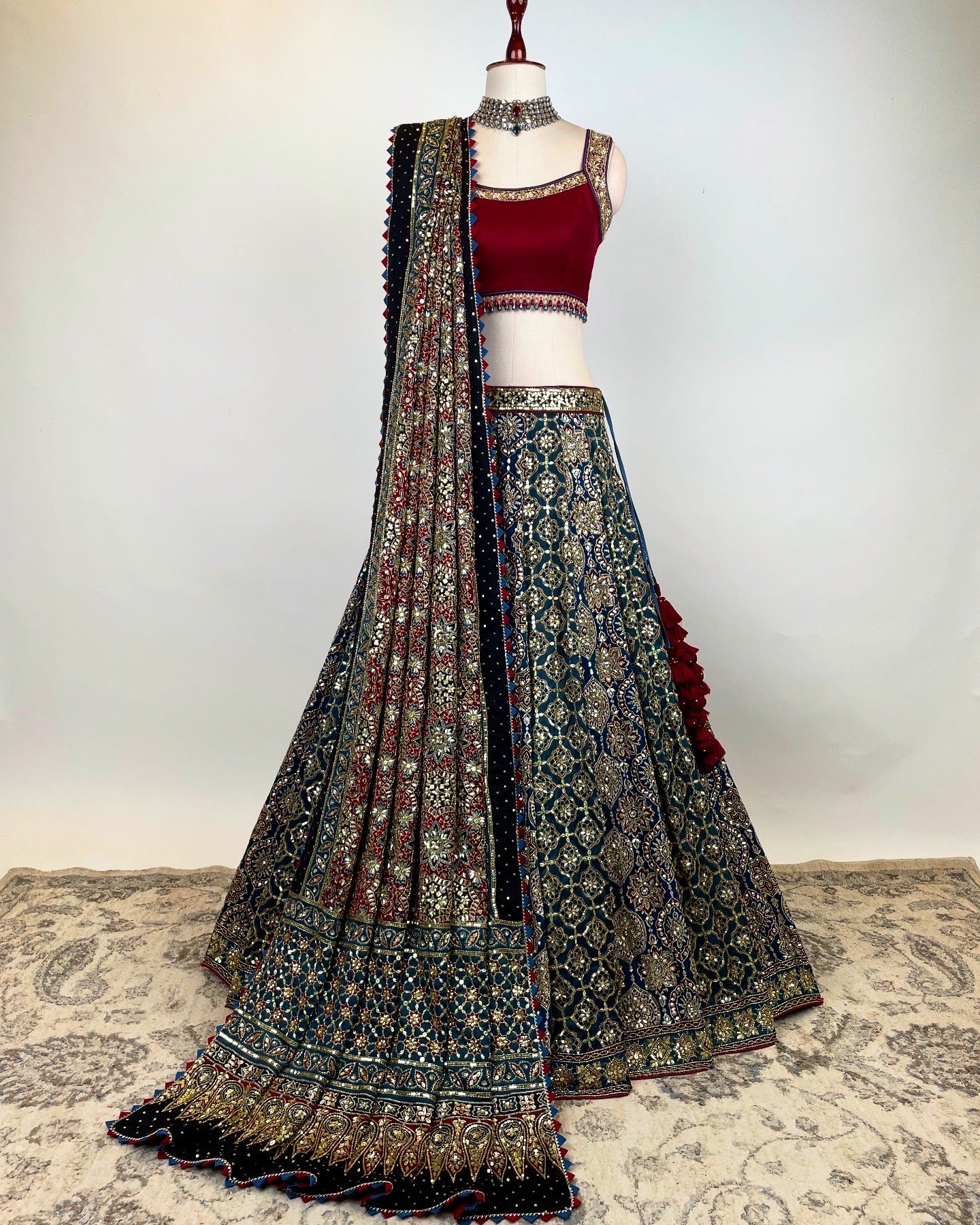 INDIGO AJRAKH LEHENGA WITH MARODI GOTA & ZARDOSI WORK