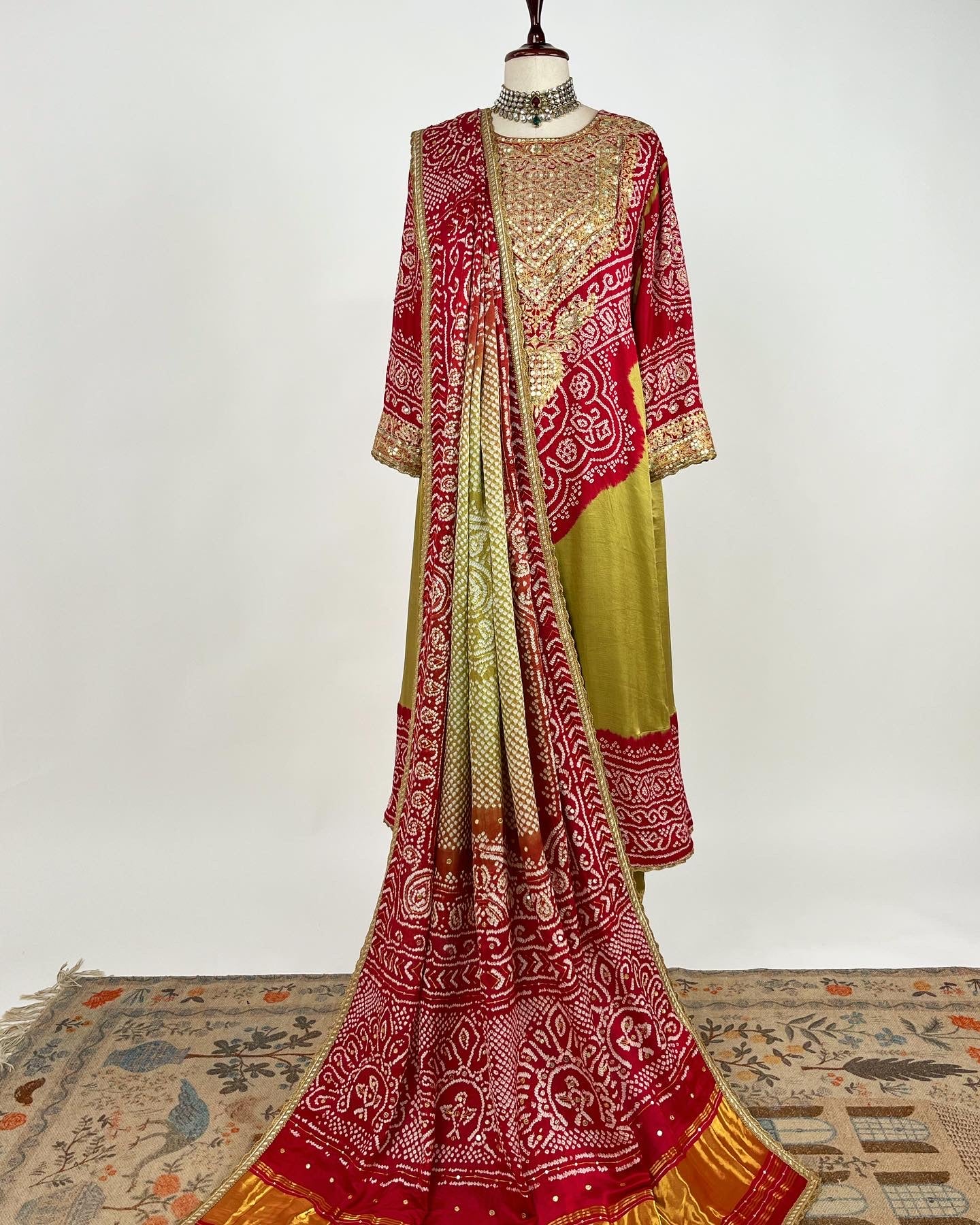 HENNA GREEN AABHA SET WITH RED BANDHEJ & EKTAAR EMBROIDERY