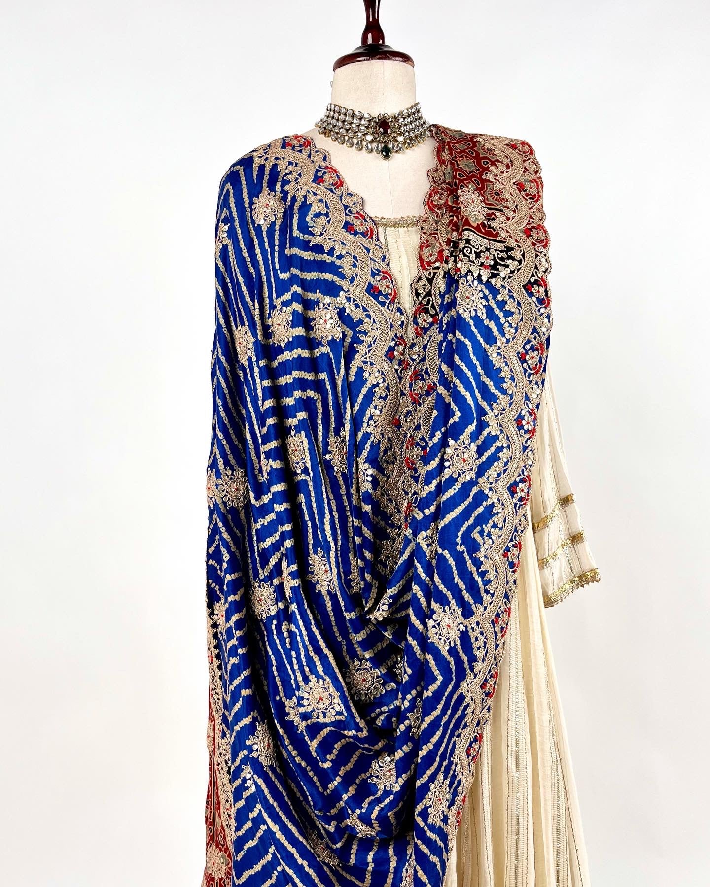 BLUE AJRAKH BANDHANI DUPATTA IN MARODI & GOTAPATTI EMBROIDERY