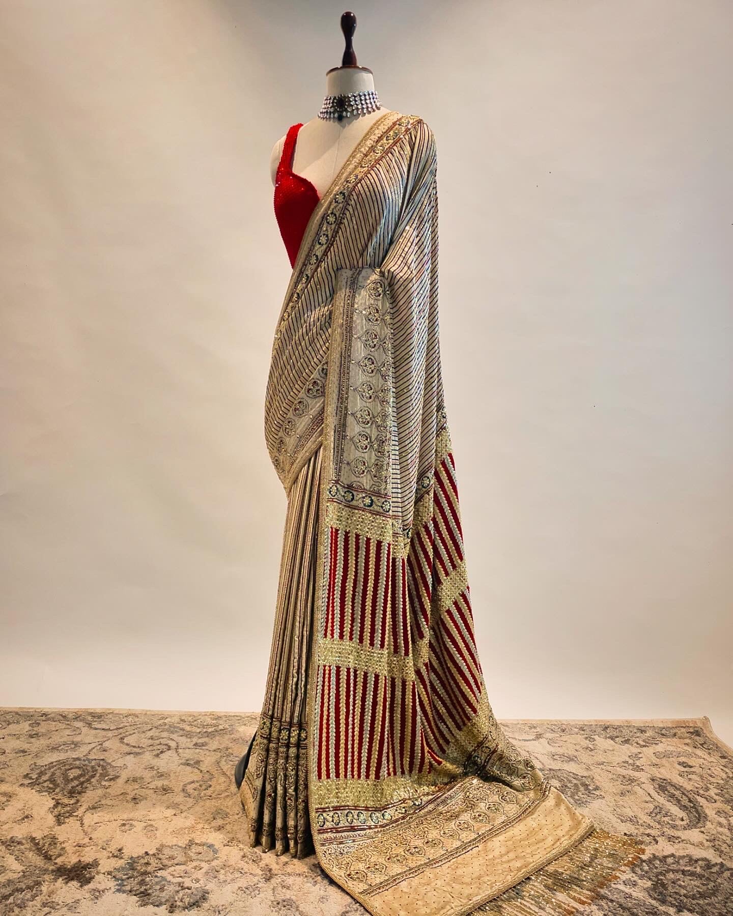 Striped Hand Blocked Ajrakh with Zardosi Saree with a Rhinestone Studded Blouse 