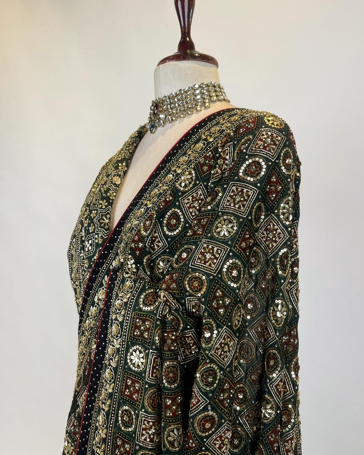 Gharchola inspired Deep Green Ajrakh Saree in Zardosi and Aari work