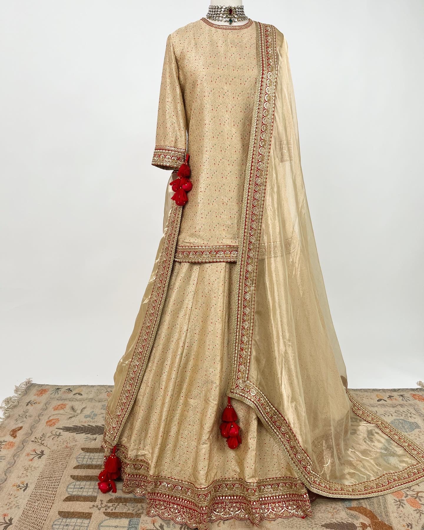 MEENAKARI BROCADE LEHENGA PAIRED WITH BROCADE SHORT KURTA & HANDLOOM TISSUE ORGANZA DUPATTA