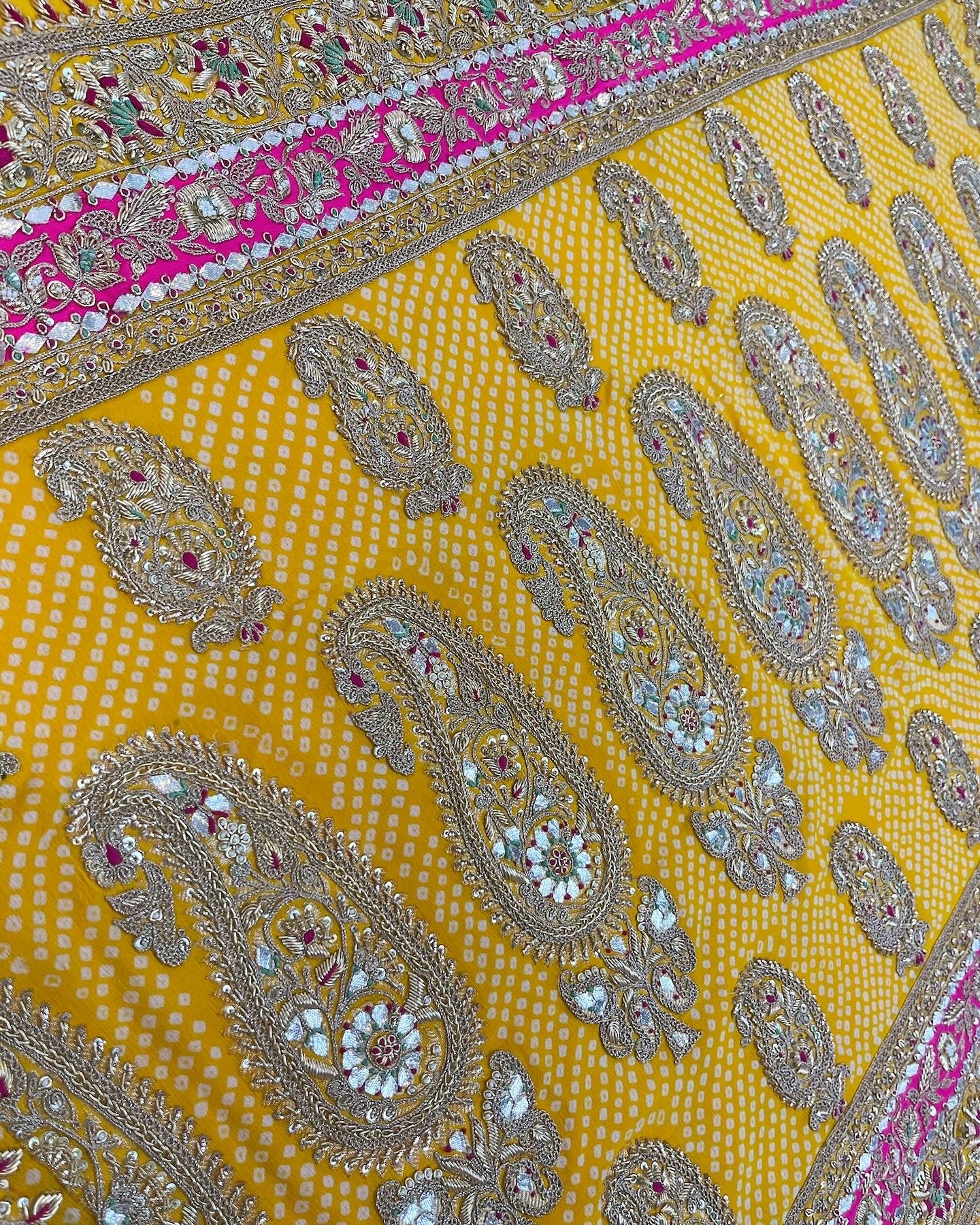 ZARI KADWA WEAVE RAI BANDHEJ SAREE IN MARODI FRENCH KNOT & GOTA WORK