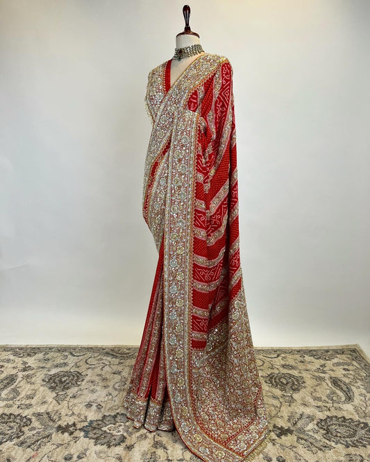 LEHERIYA PATTERN BANARASI BANDHANI SAREE IN PURE ZARI WITH ZARDOSI EMBROIDERY