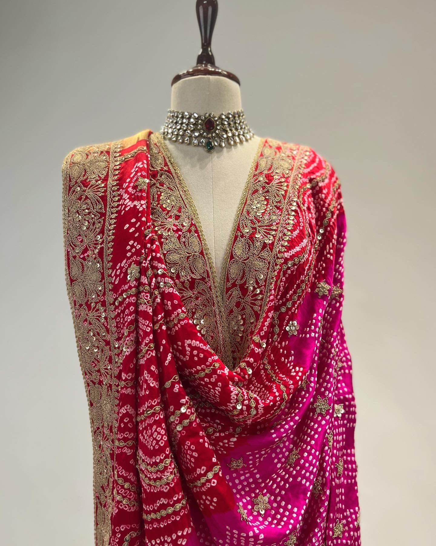 PINK-RED OMBRE MARODI WORK RAI BANDHEJ DUPATTA