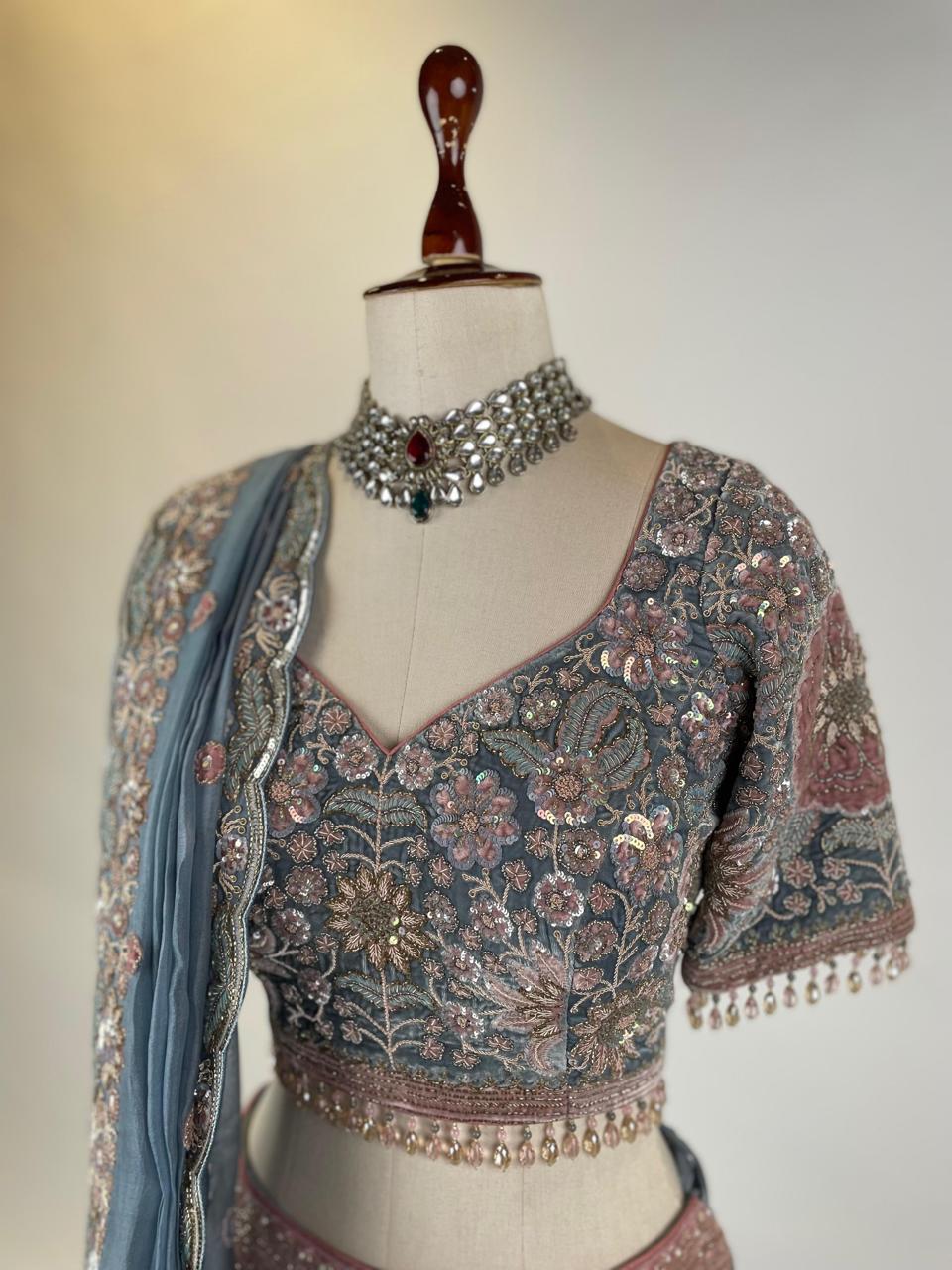 DUSTY BLUE AND PINK VELVET LEHENGA SET IN ZARDOSI