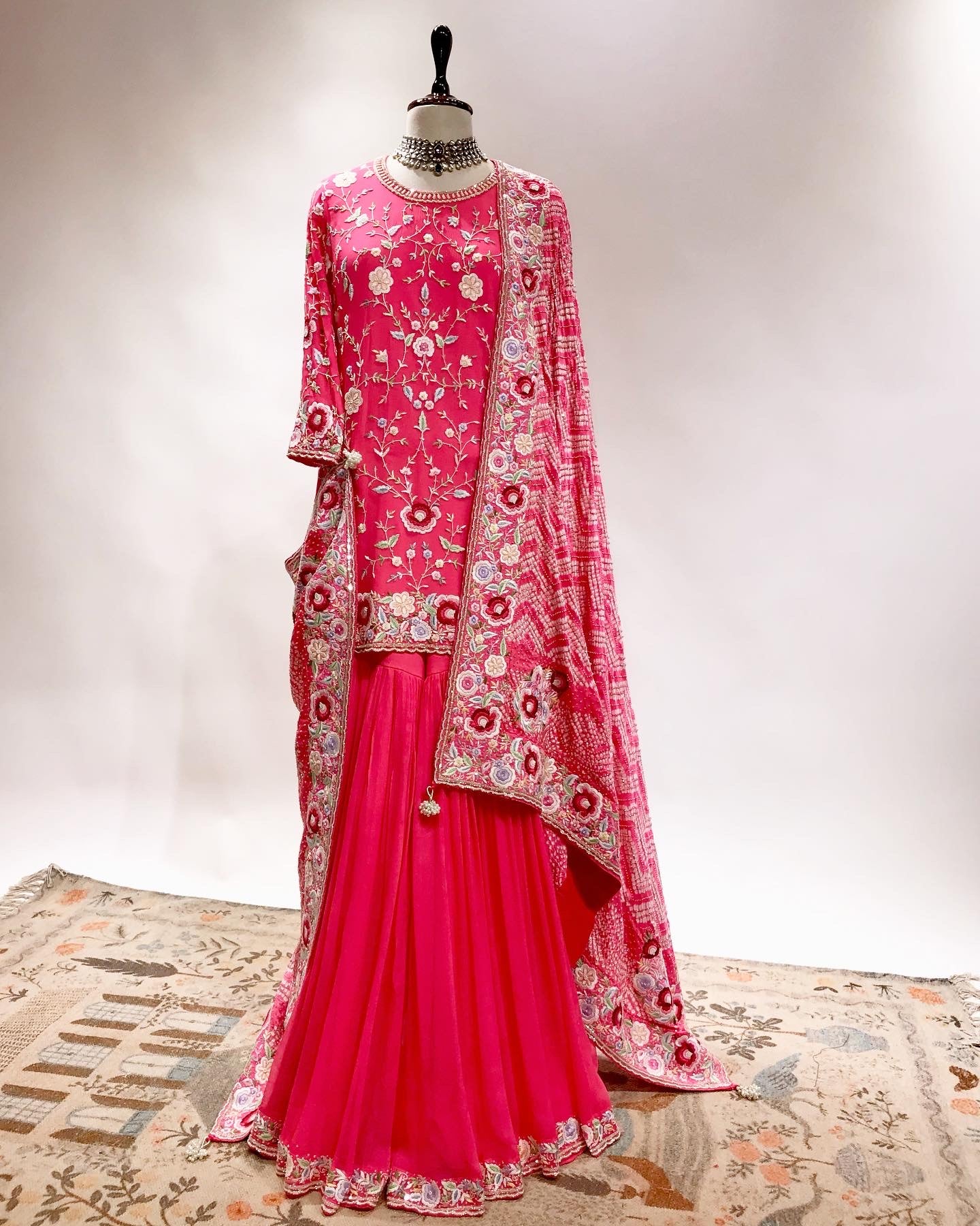 PARSI GARA SHARARA WITH BANDHEJ DUPATTA IN FINE PEARLS, BEADS & GARA BORDER