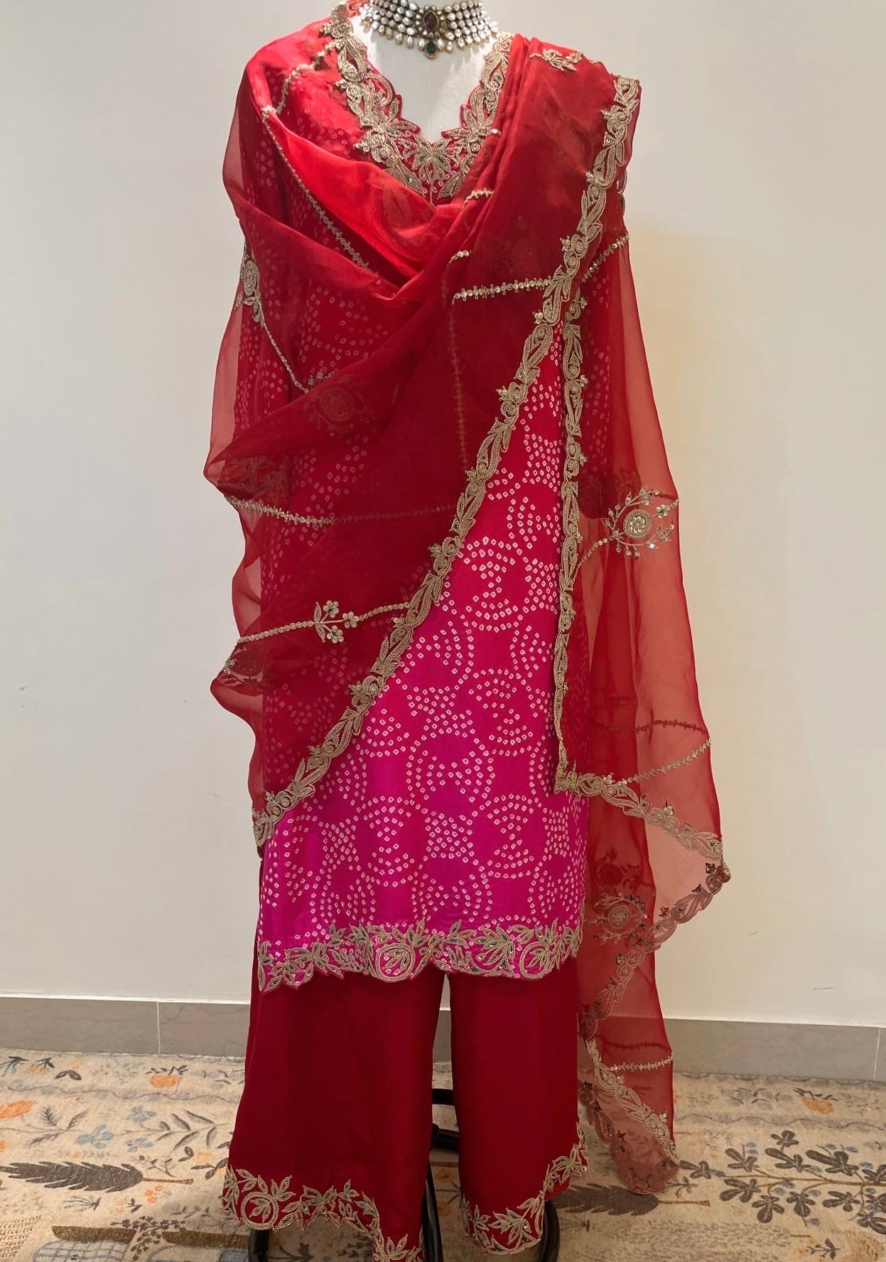 OMBRE RED TO PINK KURTA ENSEMBLE IN MARODI & RESHAM WORK