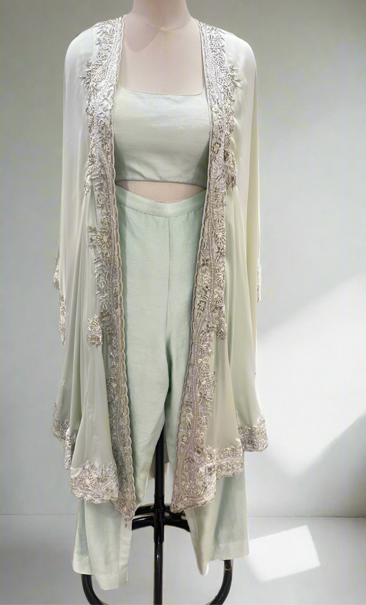 PASTEL PISTA GREEN CAPE WITH PANT AND BLOUSE