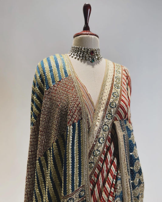 Ajrakh Saree with A Contemporary Geometrical Pattern in Zardosi