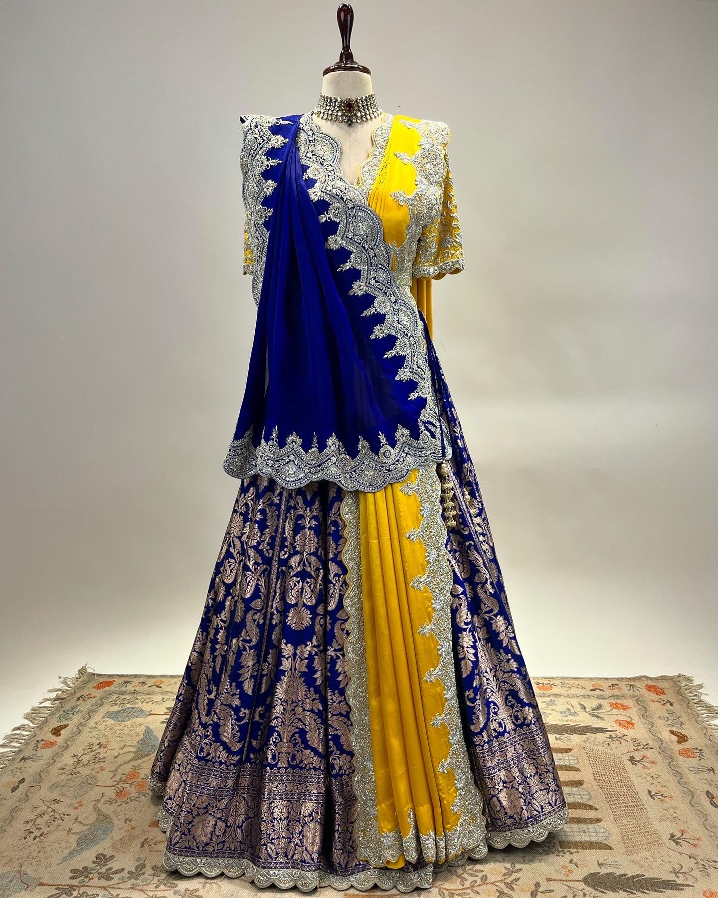 OCHRE & ROYAL BLUE HANDWOVEN BANARASI LEHENGA IN PURE HANDLOOM KADWA WORK