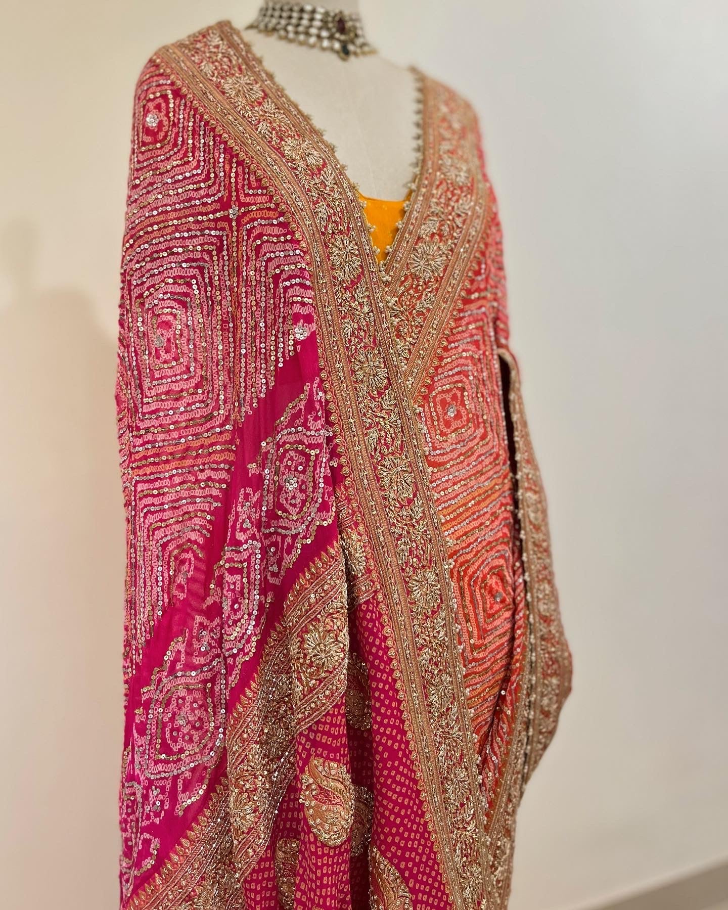 YELLOW TO PINK OMBRE SEQUINNED BANDHEJ SAREE