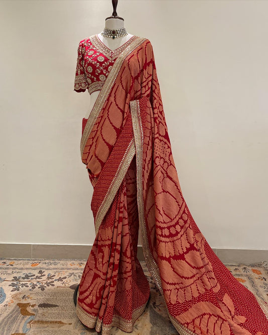 RAI BANDHEJ SAREE IN SINGLE KERI BANARASI BUTA WORK & MARODI BORDER