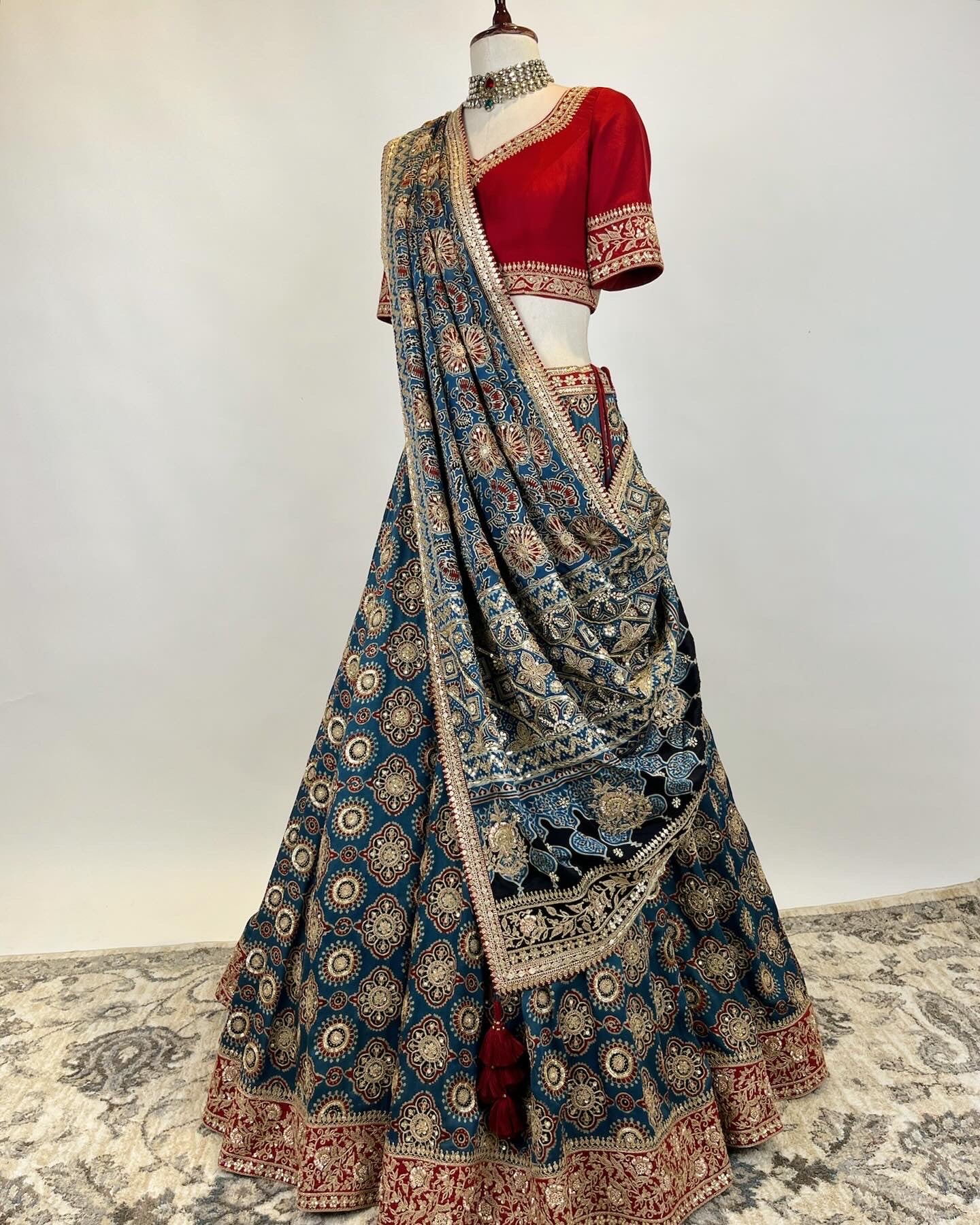 AJRAKH LEHENGA WITH MARODI GOTA & ZARDOSI WORK