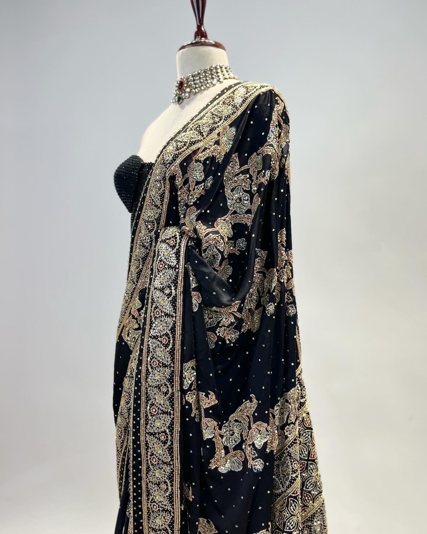 PATTERNED AJRAKH SAREE IN ZARDOSI & SEQUIN WORK