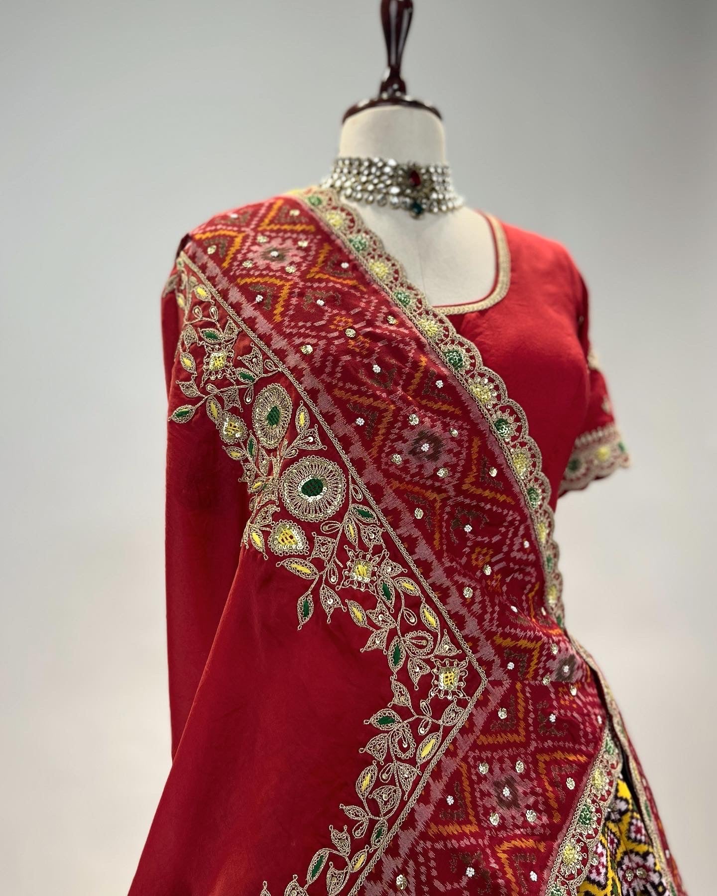 DOUBLE IKAT PATAN PATOLA LEHENGA IN MARODI & RESHAM JALI WORK