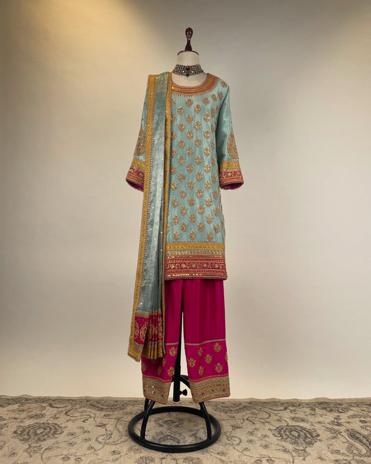 BLUE SHORT KURTA & SALWAR SET IN DO- TAAR BRASS MARODI WORK AND TISSUE DUPATTA WITH HAND WOVEN AARI SEQUIN