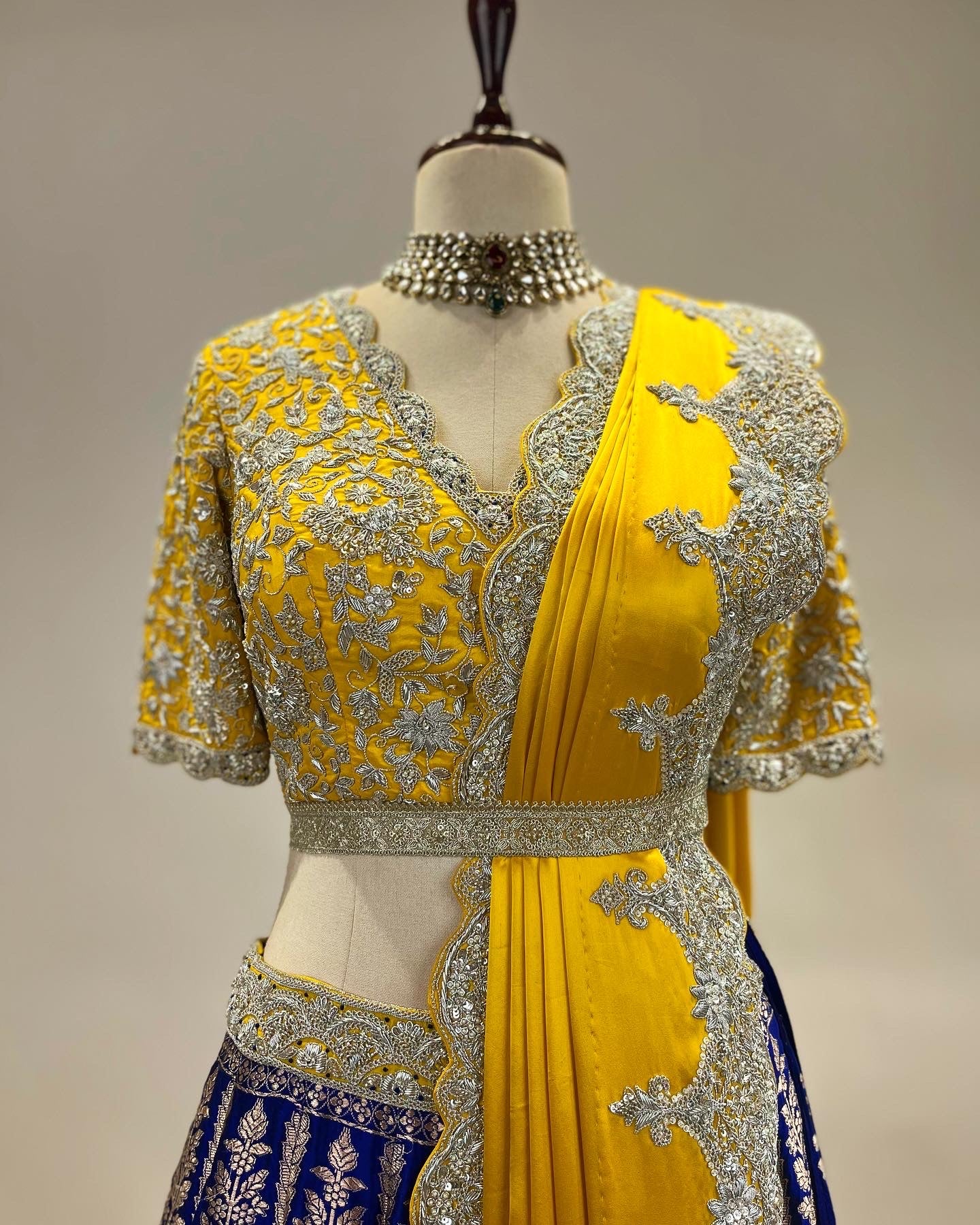 OCHRE & ROYAL BLUE HANDWOVEN BANARASI LEHENGA IN PURE HANDLOOM KADWA WORK