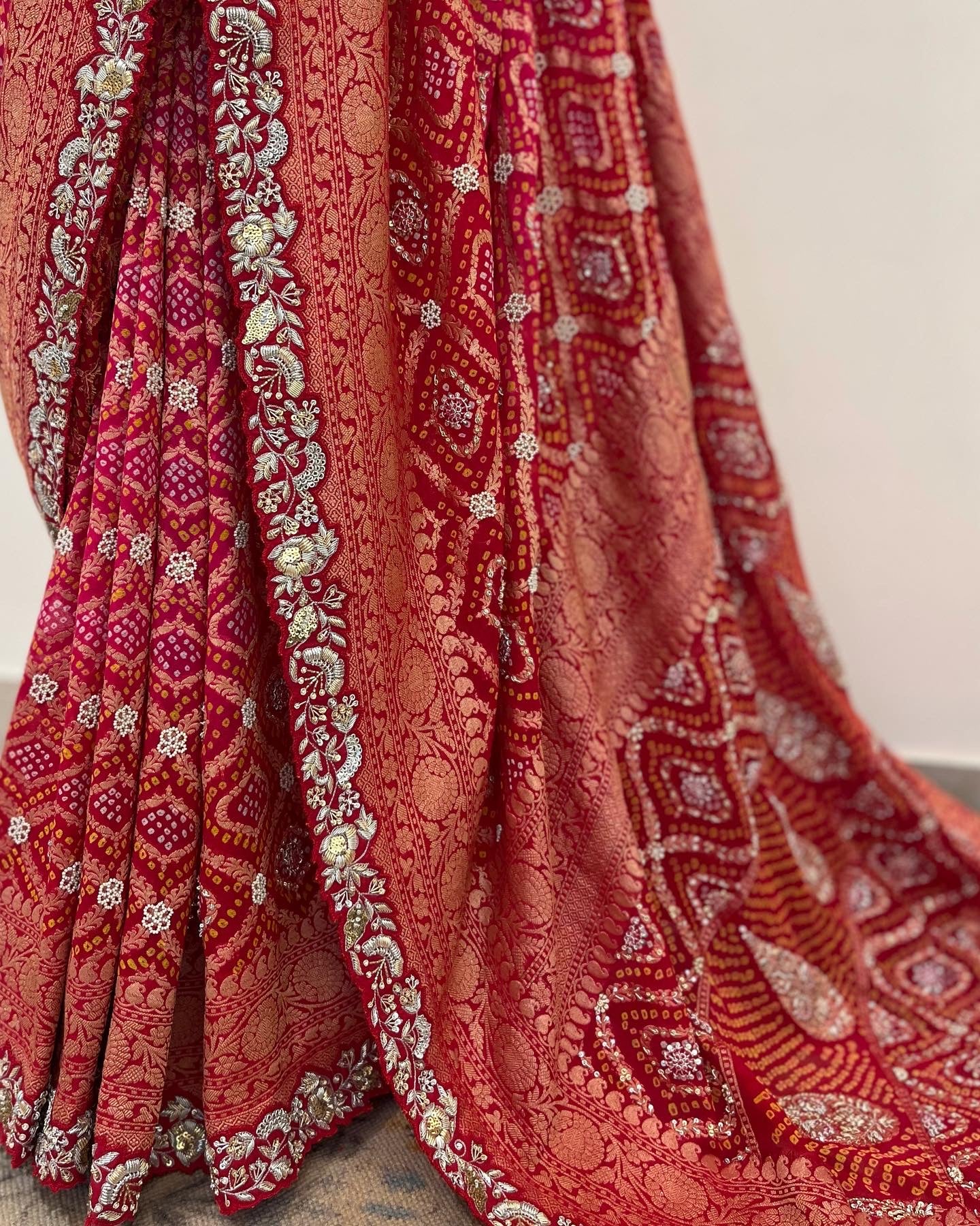 RED ZARDOSI CUTWORK EDGED RAI BANDHEJ SAREE