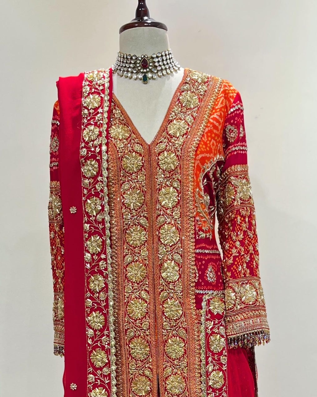 RED BANDHEJ SHARARA JODA CRAFTED WITH ZARDOSI