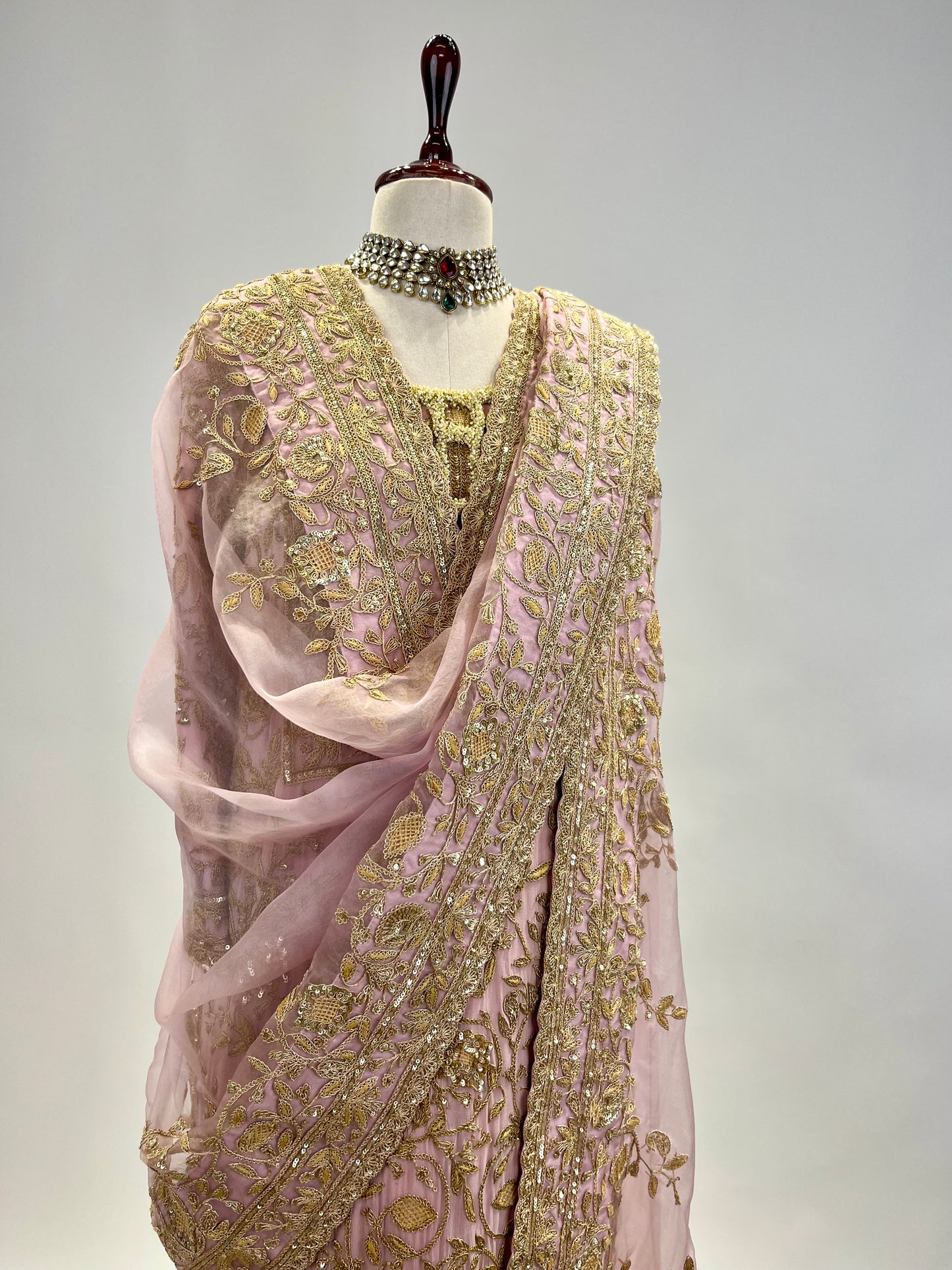 Antique Marodi detailed Chiffon Kurta Set with Organza embroidered dupatta