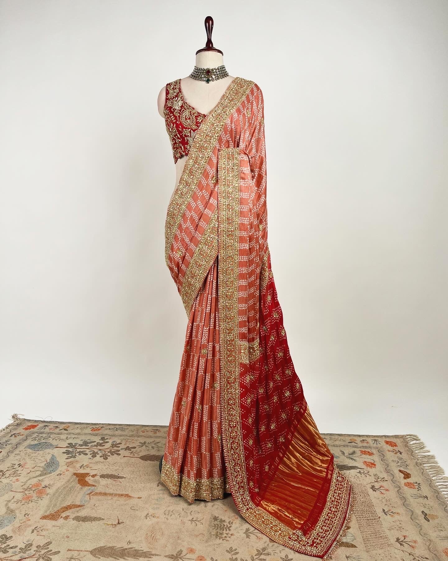 BANDHEJ CORAL TO RED OMBRE SAREE WITH ZARDOSI WORK BORDER & BLOUSE