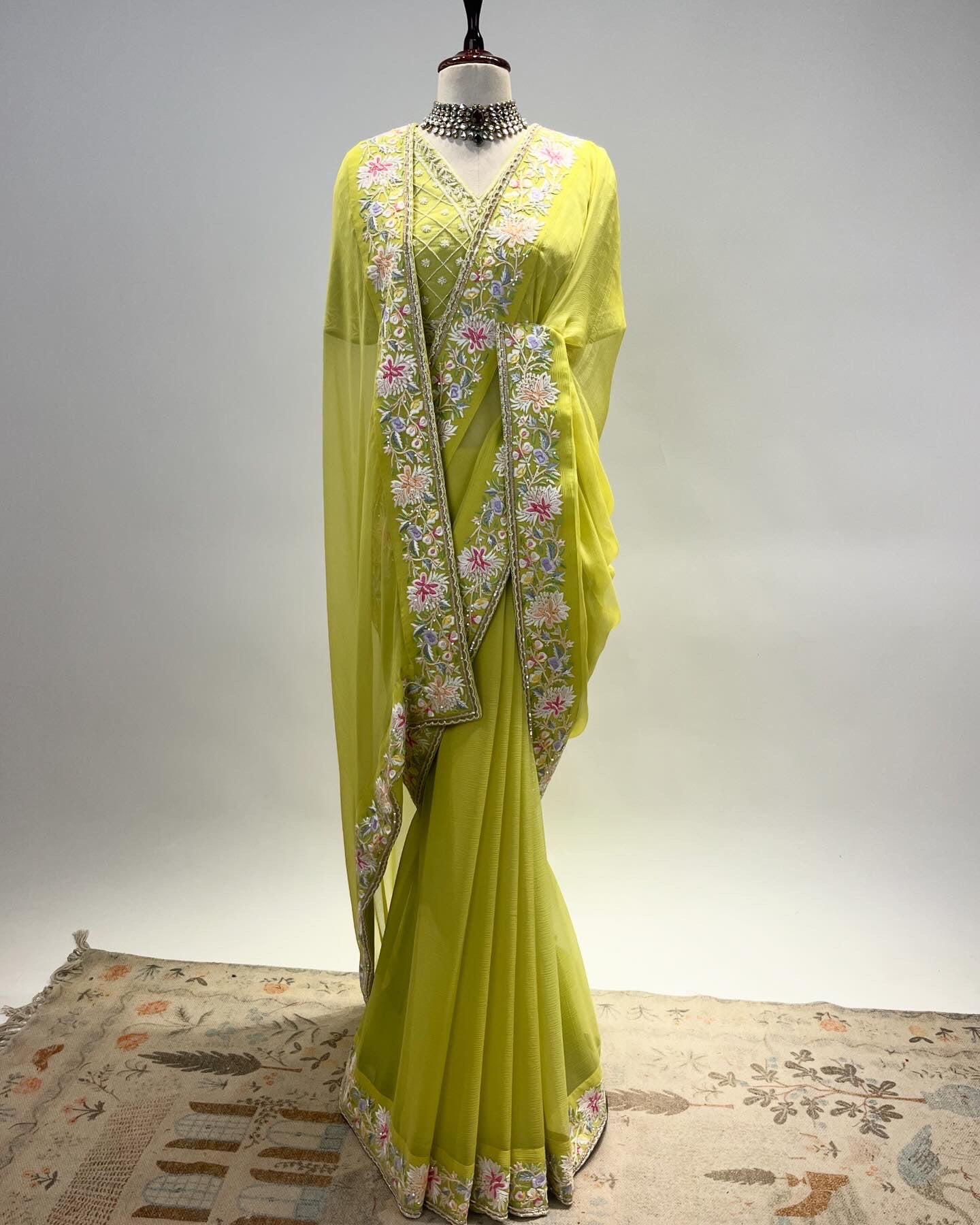 LIME GREEN CHIFFON EKTAAR FINE GARA EMBROIDERED BORDER SAREE