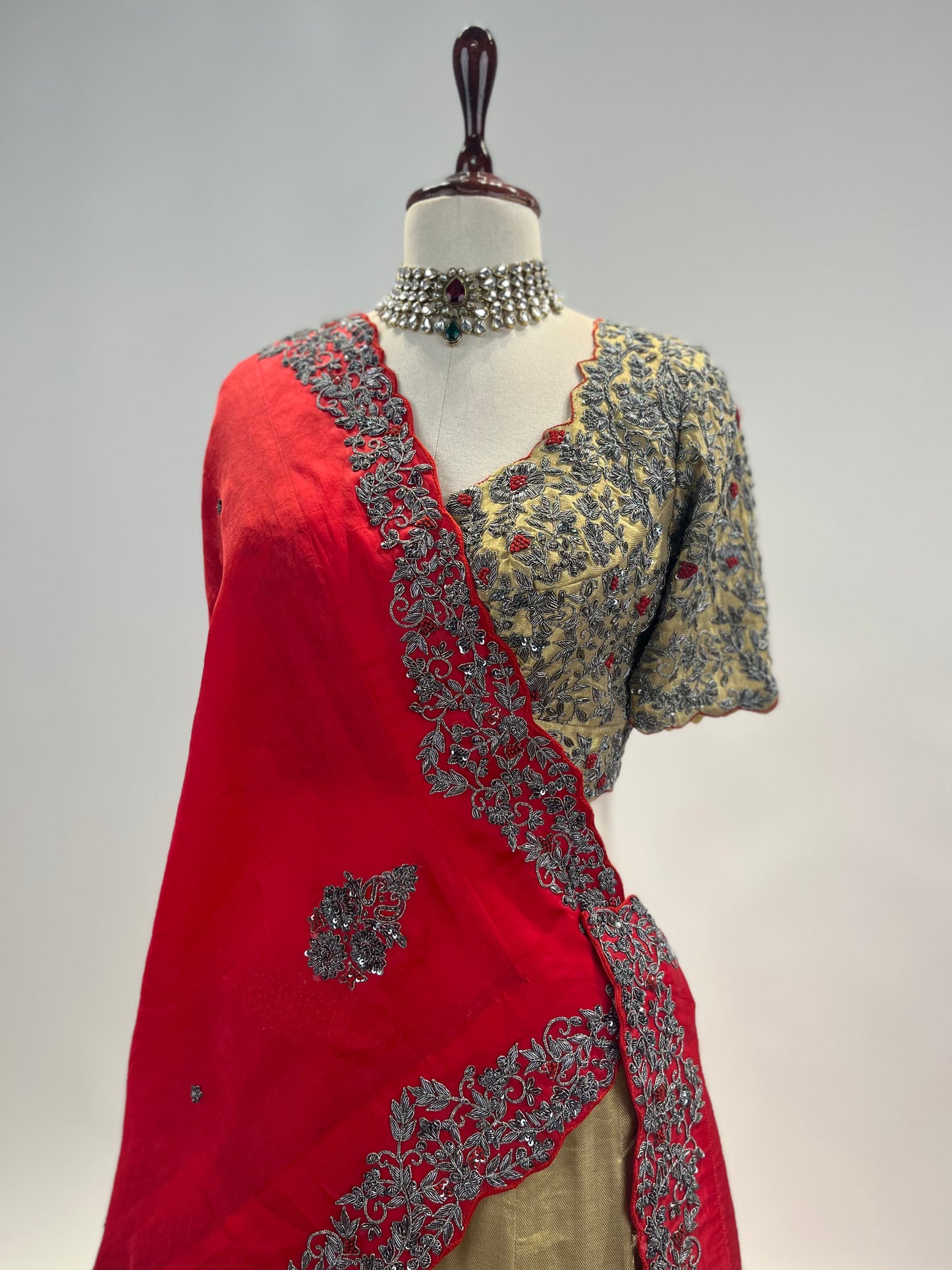 Handloom Tissue Silk Lehenga with Antique Zardosi and Red Resham Work