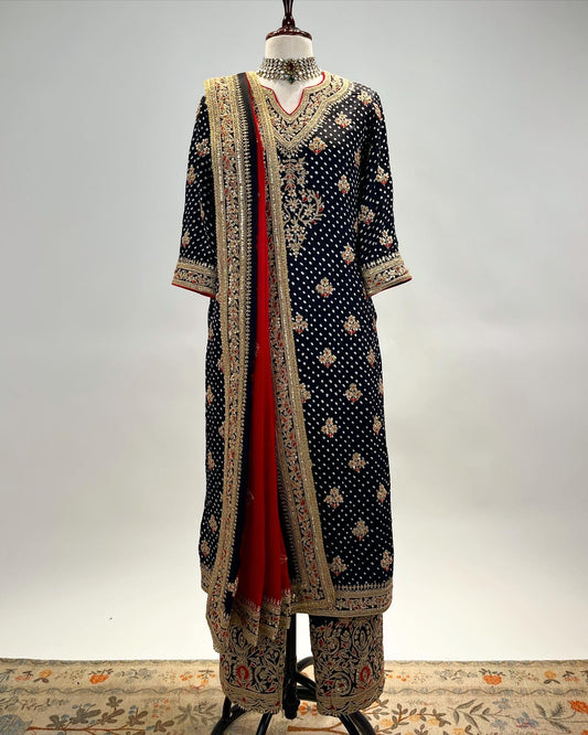 BLACK & RED BANDHEJ KURTA ENSEMBLE IN MARODI & RESHAM WORK