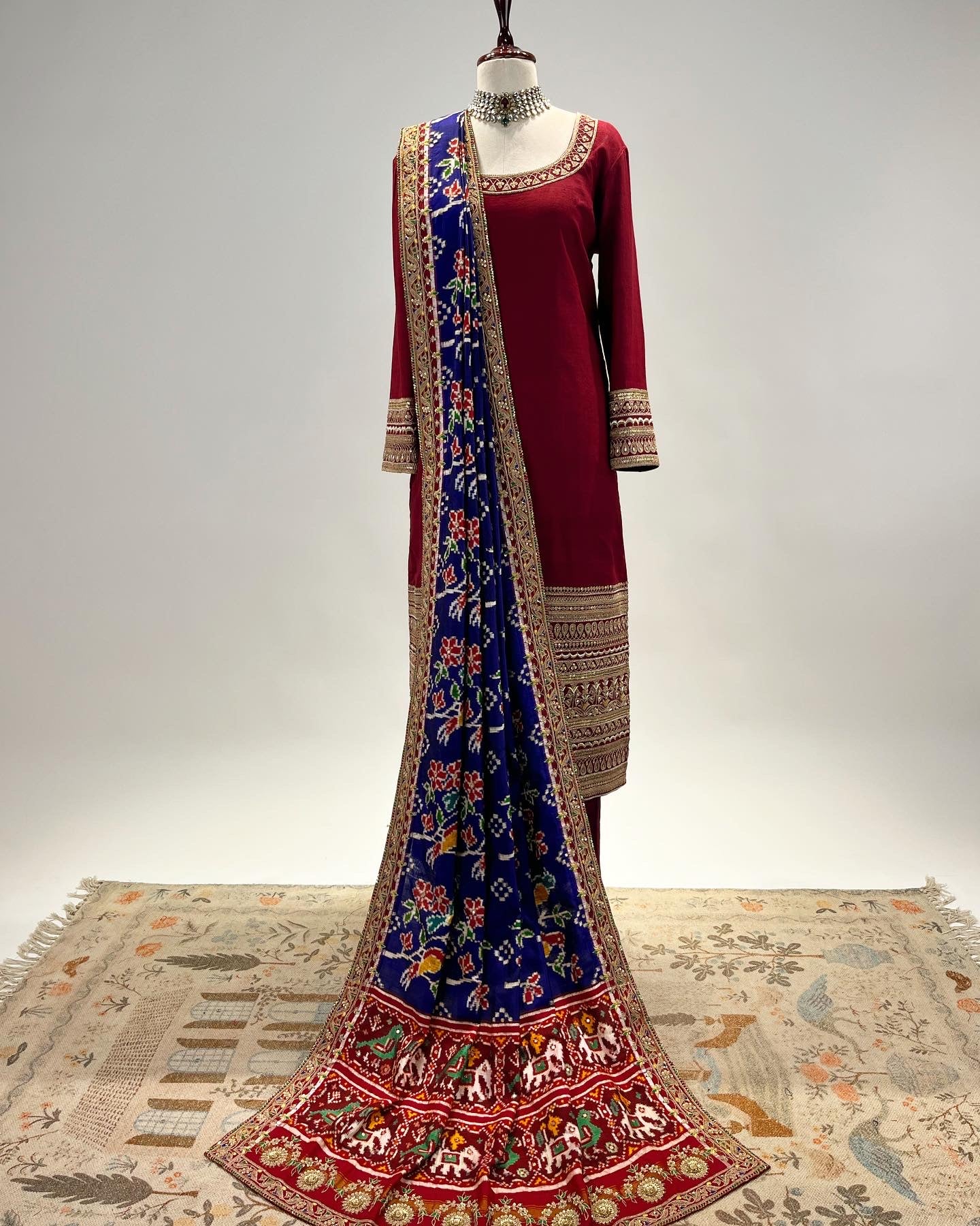 PURE DOUBLE MATKA SILK STRAIGHT KURTA WITH DOUBLE IKAT PATAN PATOLA DUPATTA IN MARODI & RESHAM WORK