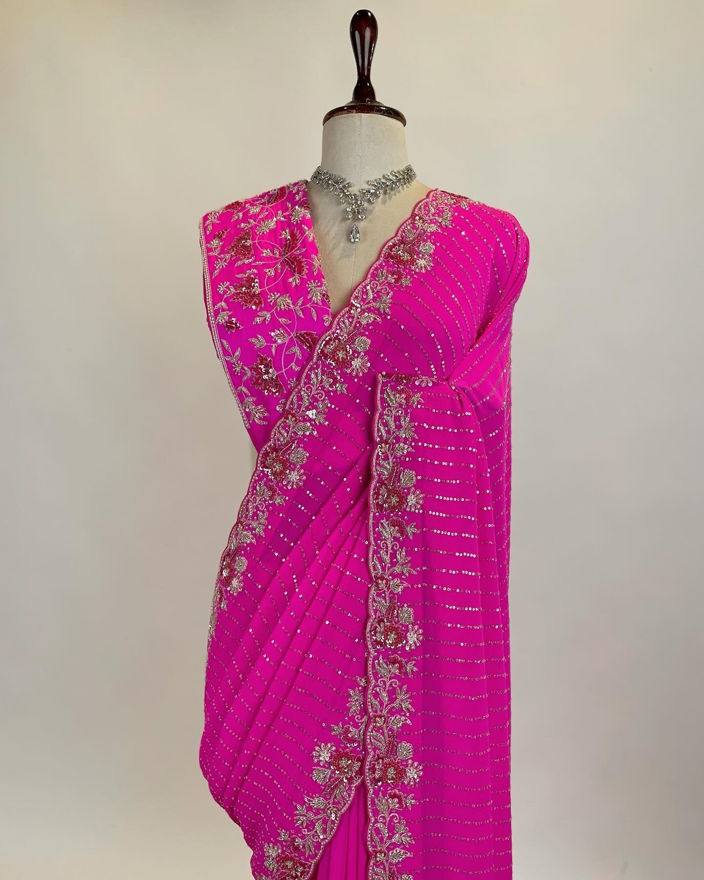 Hot Pink Gorgette Saree in Zardosi, Resham and Tiki work