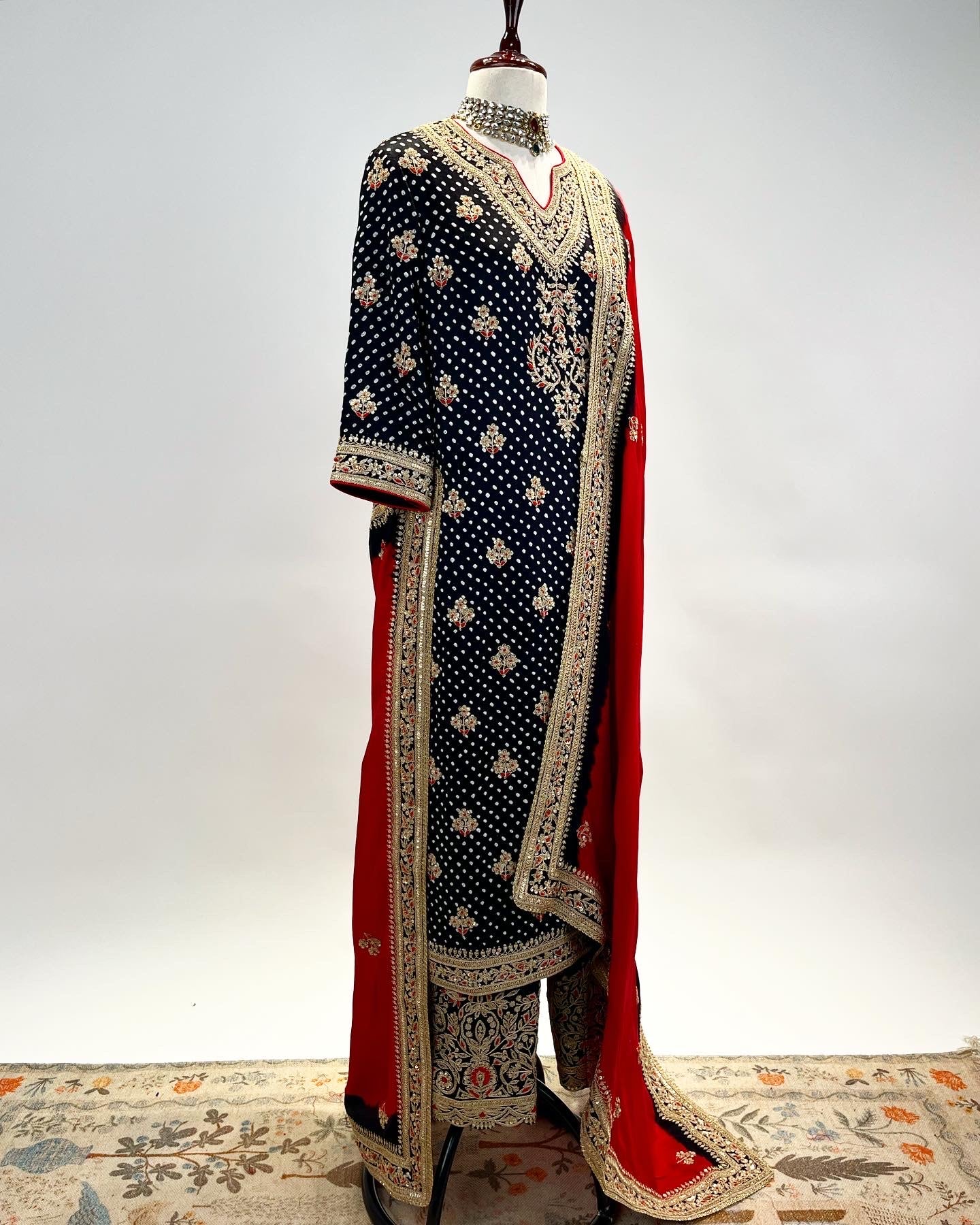 BLACK & RED BANDHEJ KURTA ENSEMBLE IN MARODI & RESHAM WORK